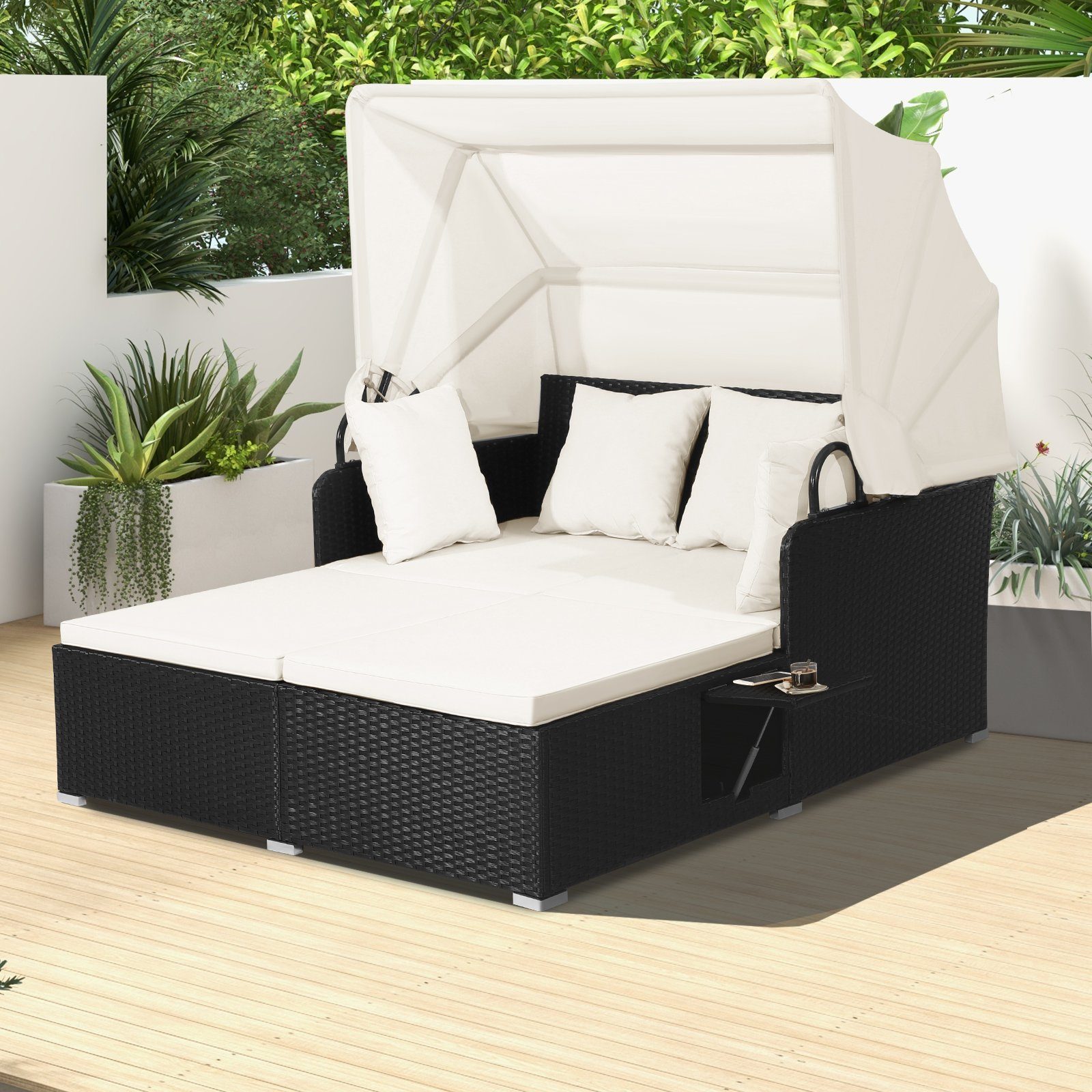 COSTWAY Loungebett, Rattan, 2-Personen, mit einziehbarem Sonnendach, Kissen