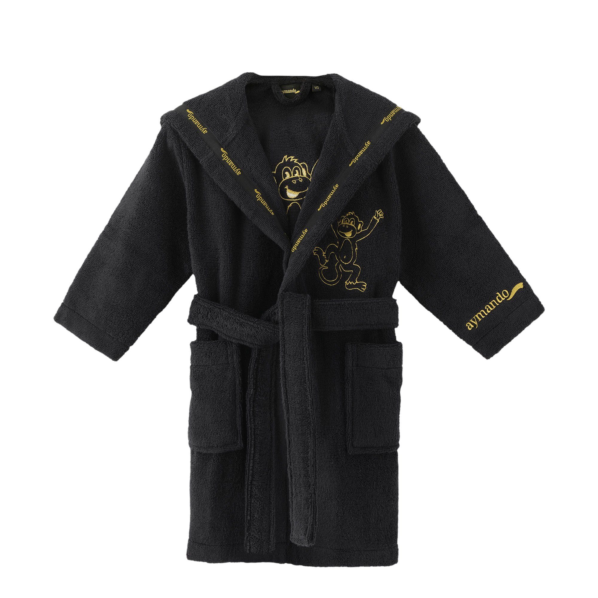 Aymando Kinderbademantel Affe, 117-128, 100% Baumwolle, Kapuze, Gürtel, gold gestickte Tiermotive, Zero Twist Garn, Geschenkverpackung