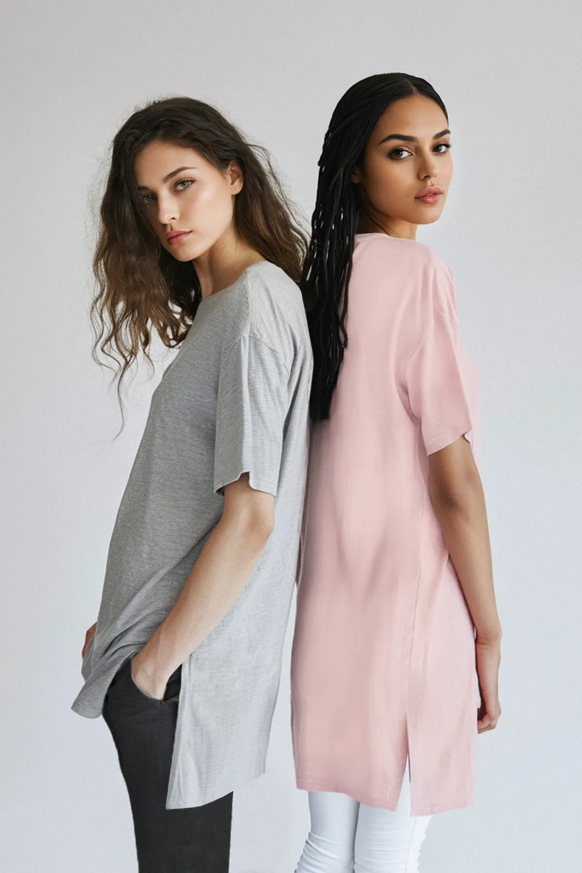 Trendyol Modest  Grau-Rosa 2er-Pack kurzärmliges Basic-Strick-T-Shirt mit Schlitz und detailliertem Rundhalsausschnitt TCTSS21UK0009
