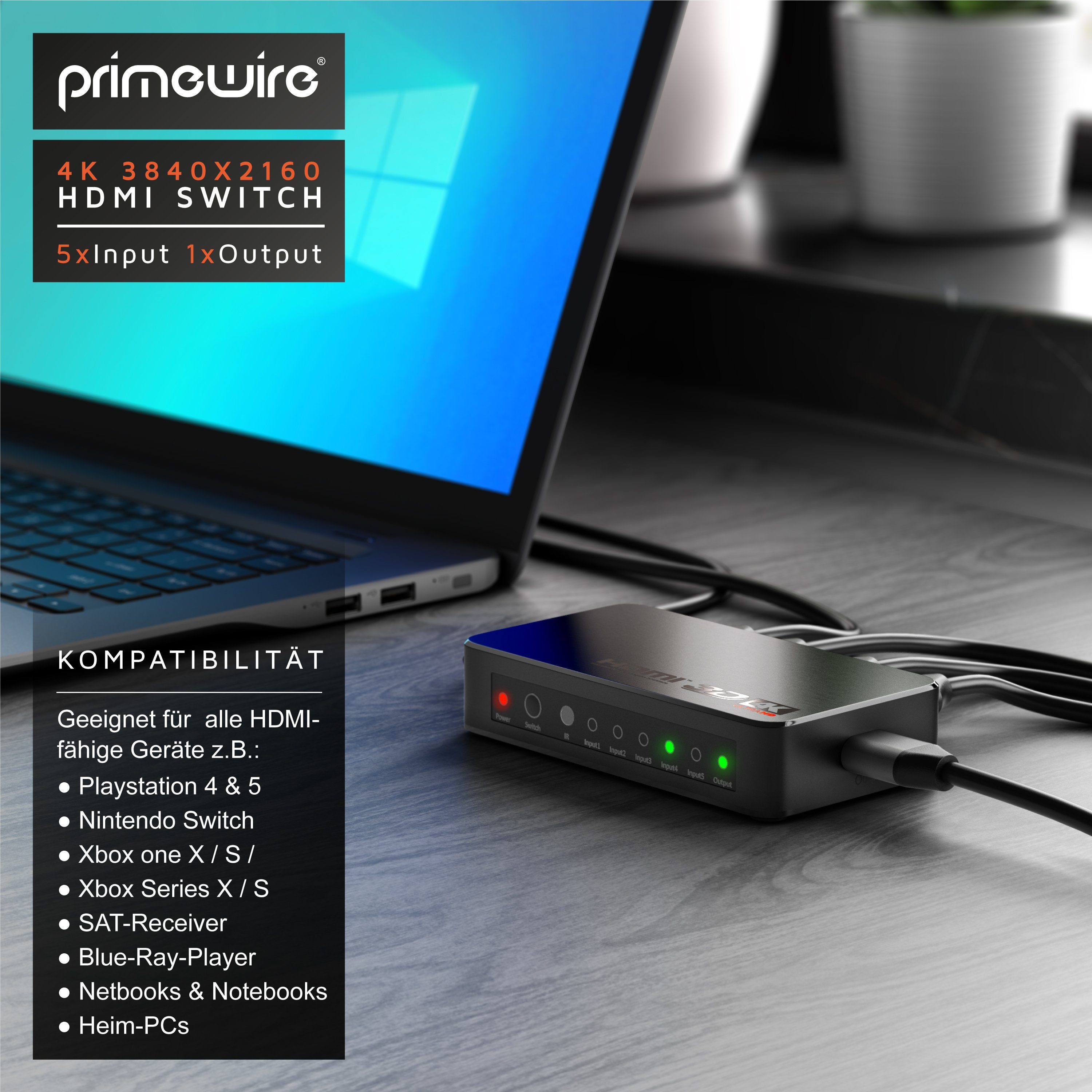 Primewire Audio / Video Matrix-Switch, 5-Port Ultra HD 4K HDMI Umschalter mit Fernbedienung - 5x IN/1x OUT