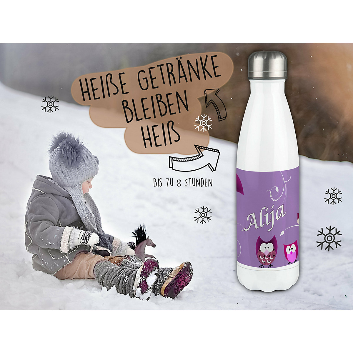 Edelstahl Kinder Thermoflasche / Trinkflasche bunt Eule Farbe lila Spülmaschinenfest, Auslaufsicher, Bruchfest, Doppelwandig, Für Heißgetränke geeignet, Mit Deckel, Isoliert