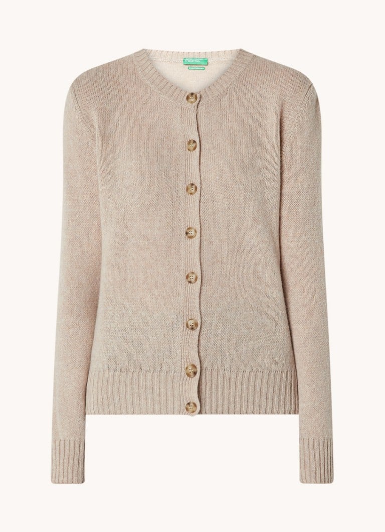 Cardigan Benetton cu guler rotund, confecționat din lână fină.