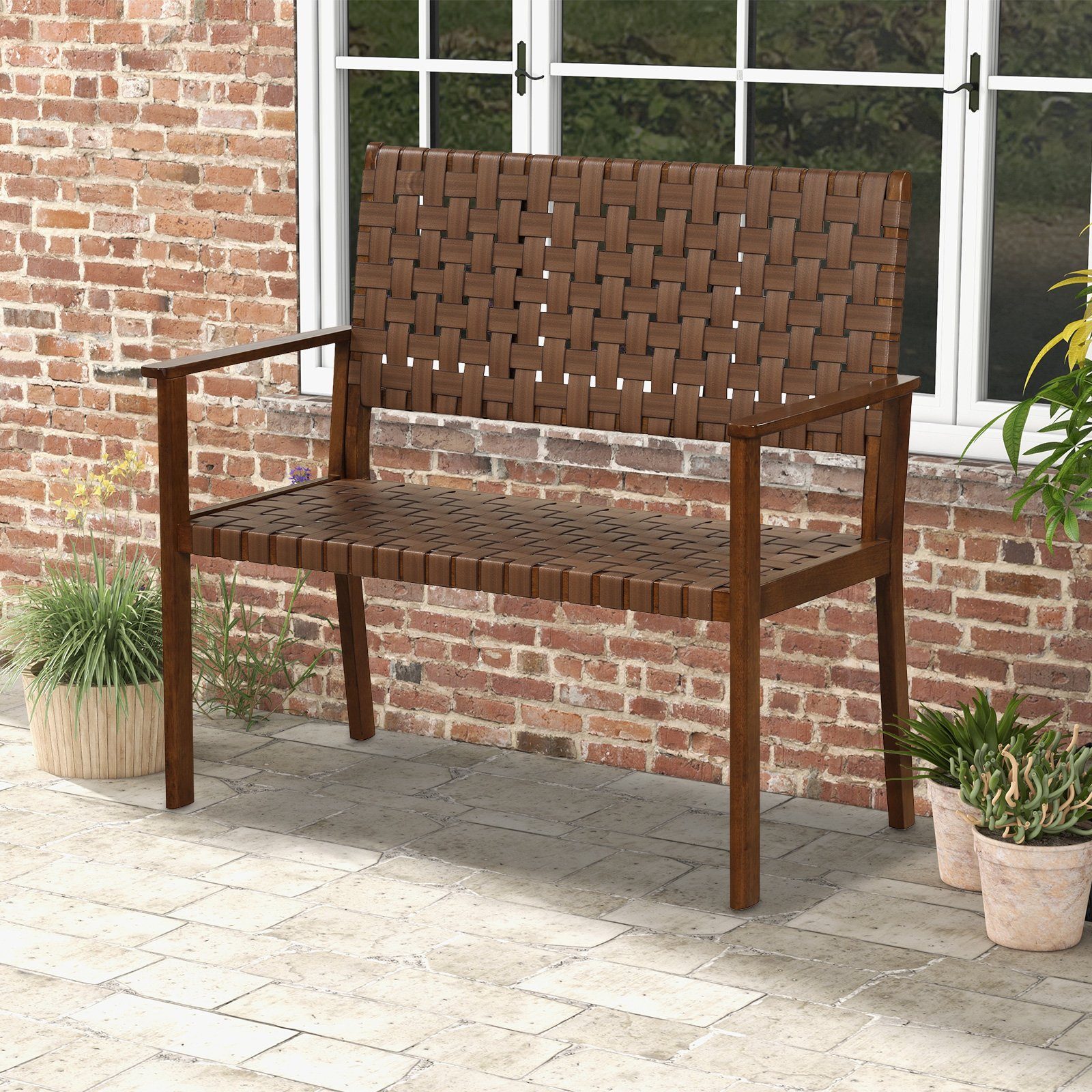 COSTWAY Gartenbank, wetterfest Holz, mit Rückenlehne & Armlehne, 200kg, 108cm