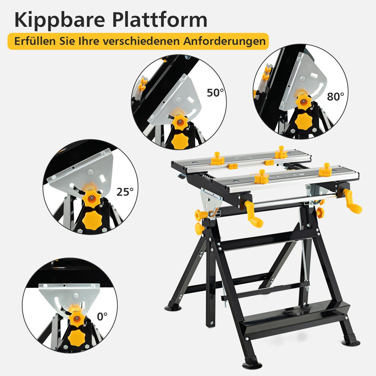 COSTWAY Werkbank Werktisch, 4-Fach neigbar, klappbar, 100 kg belastbar