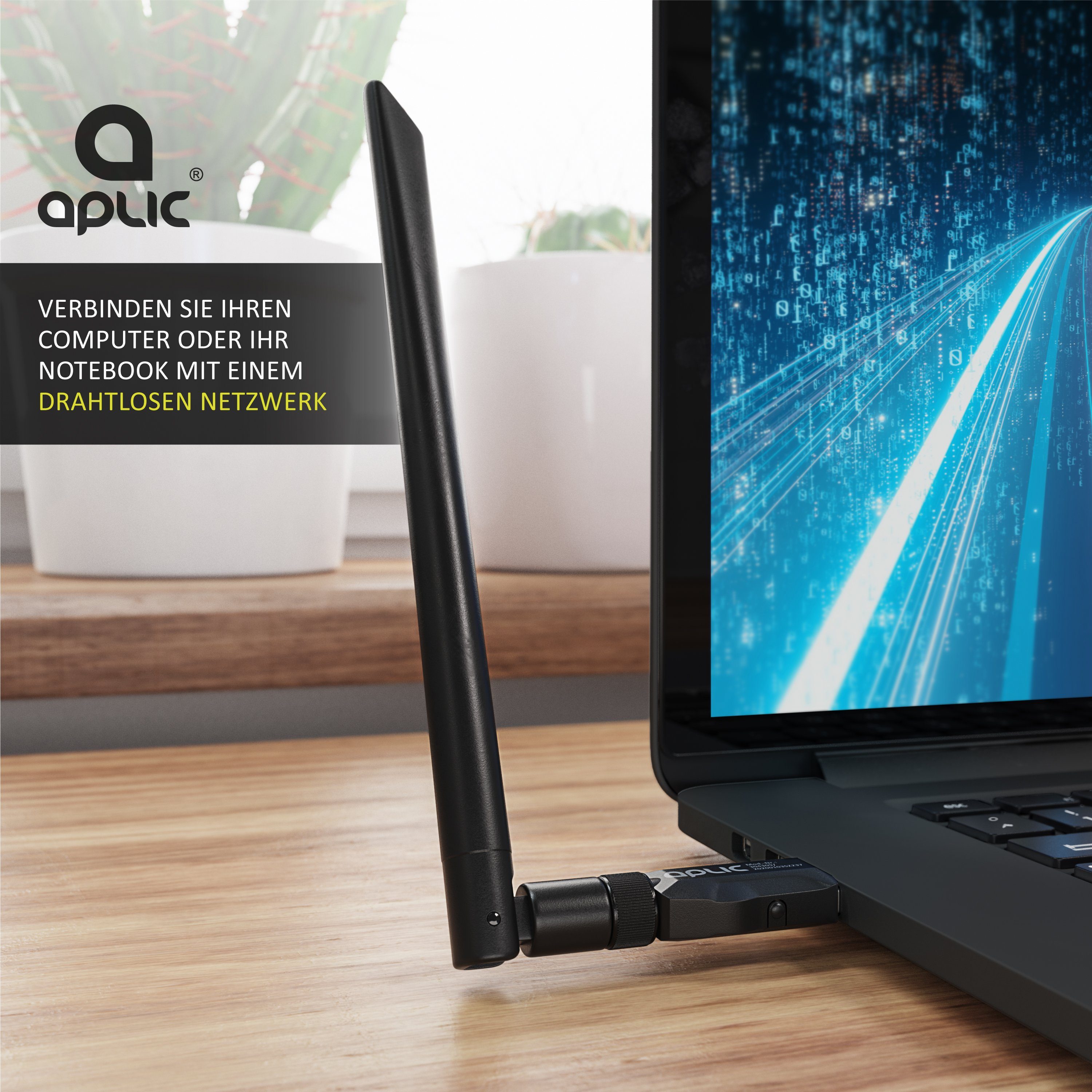 Aplic WLAN-Stick, WIFI Adapter 1200MBit/s, 2,4Ghz + 5Ghz Dual Band, externe Antenne