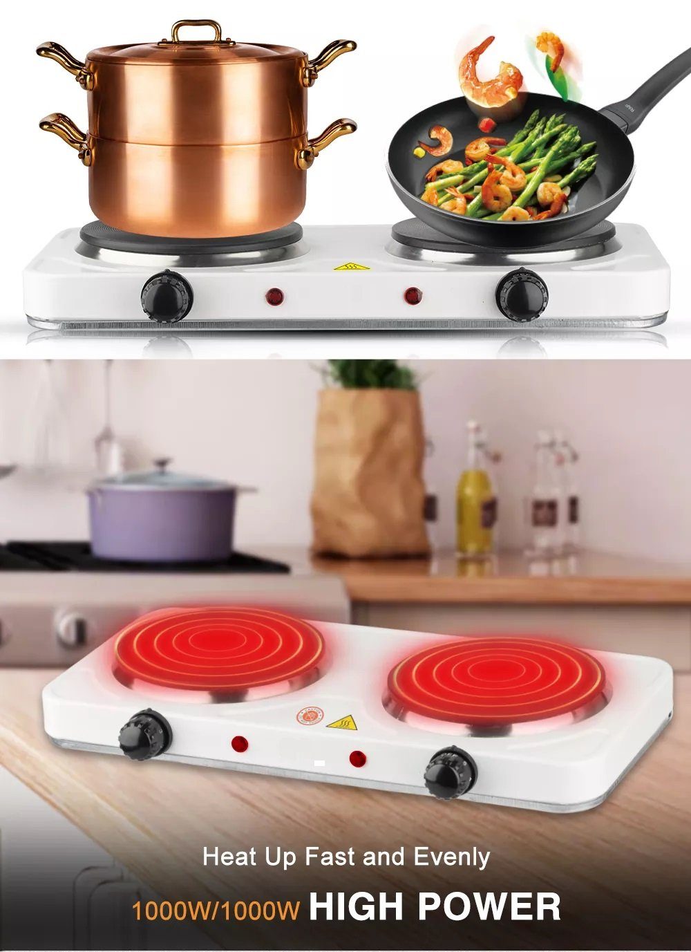 Cheffinger Doppelkochplatte, Herdplatte 2 x 1000Watt Kochplatte Camping Tragbar Kochplatte