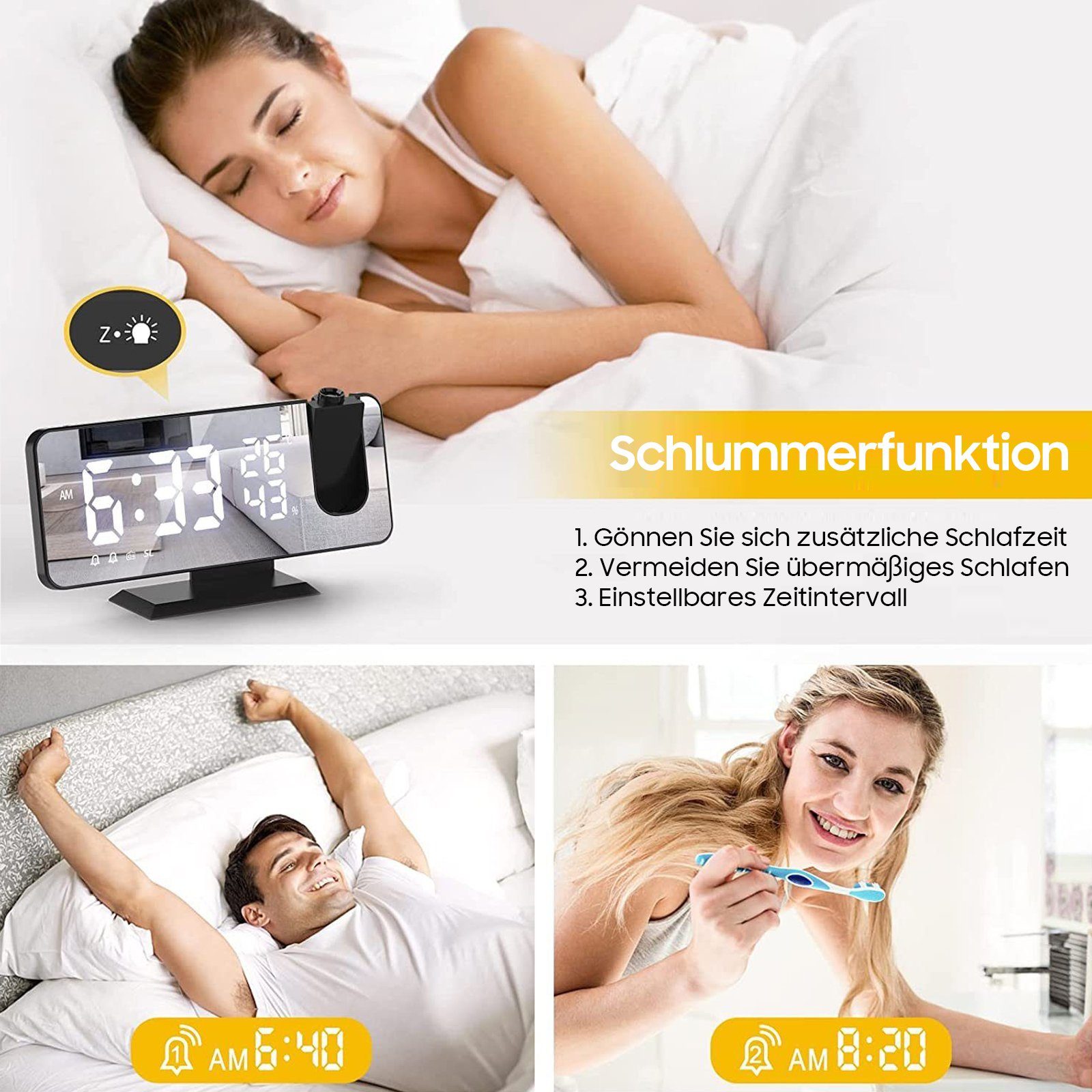 iceagle Funk-Radiowecker Projektionswecker Radiowecker mit USB-Anschluss Wecker Digital FM RADIO,ULTRAKLARE 180°-DREHPROJEKTION