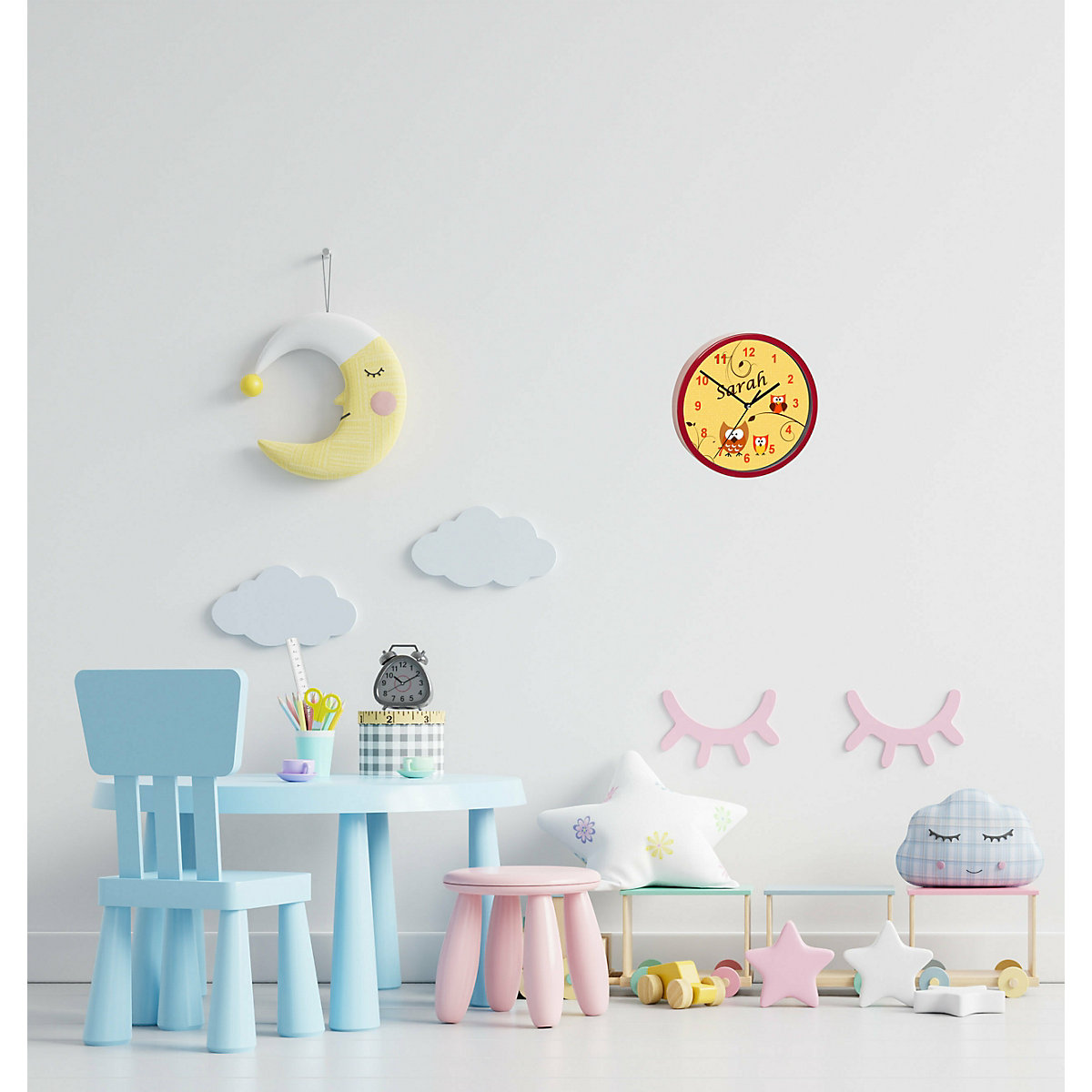 Kinder Wanduhr personalisiert mit Name Eule Orange
