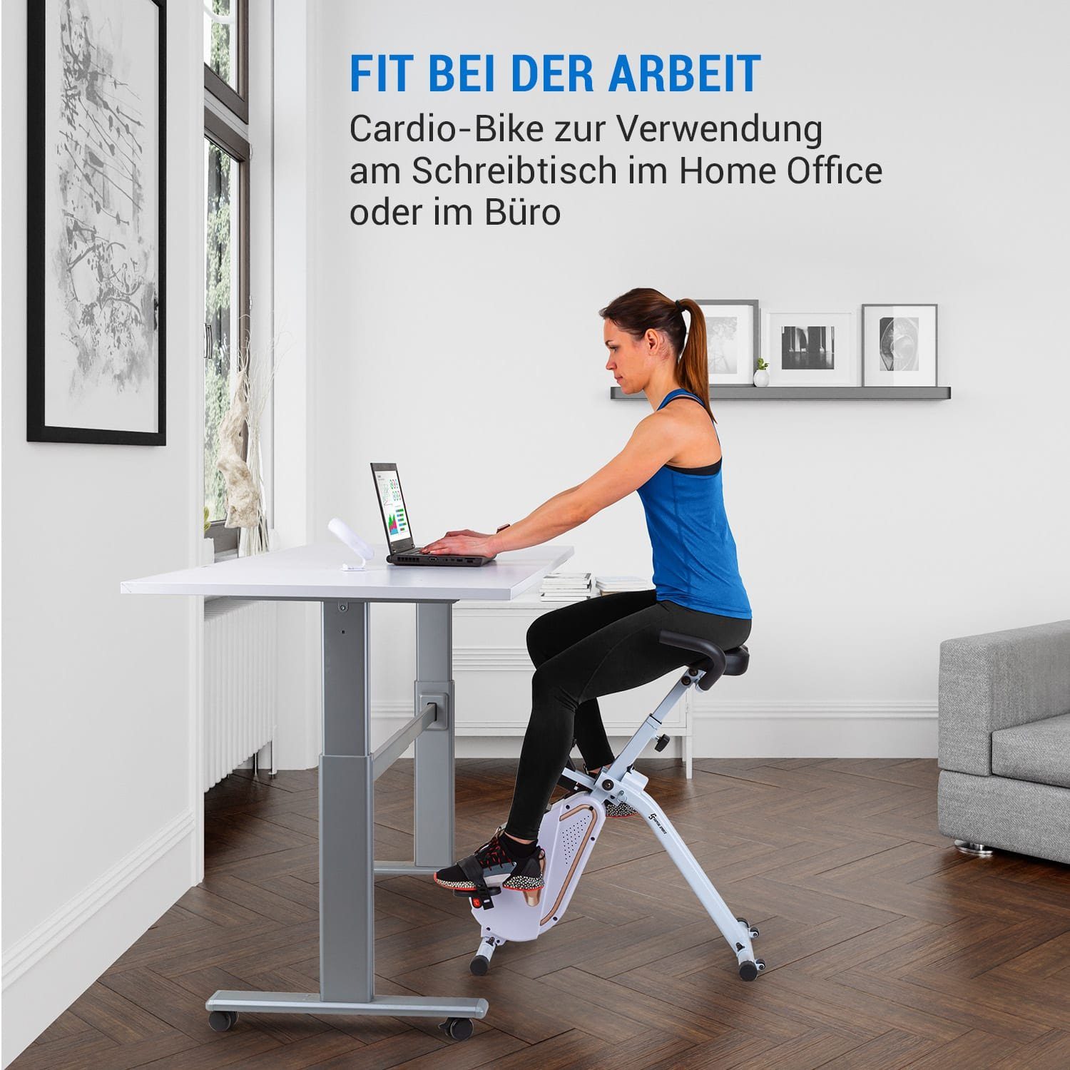 Capital Sports Fahrradtrainer Azura Desk Bike Heimtrainer 7,5 kg Schwungmasse Riemenantrieb (gepolsterte Griffe aus PU-Schaumstoff), Standfahrrad Heimtrainer Hometrainer Fahrrad klappbar Cardio Trainingsgerät Ausdauertraining Fitness Fahrrad