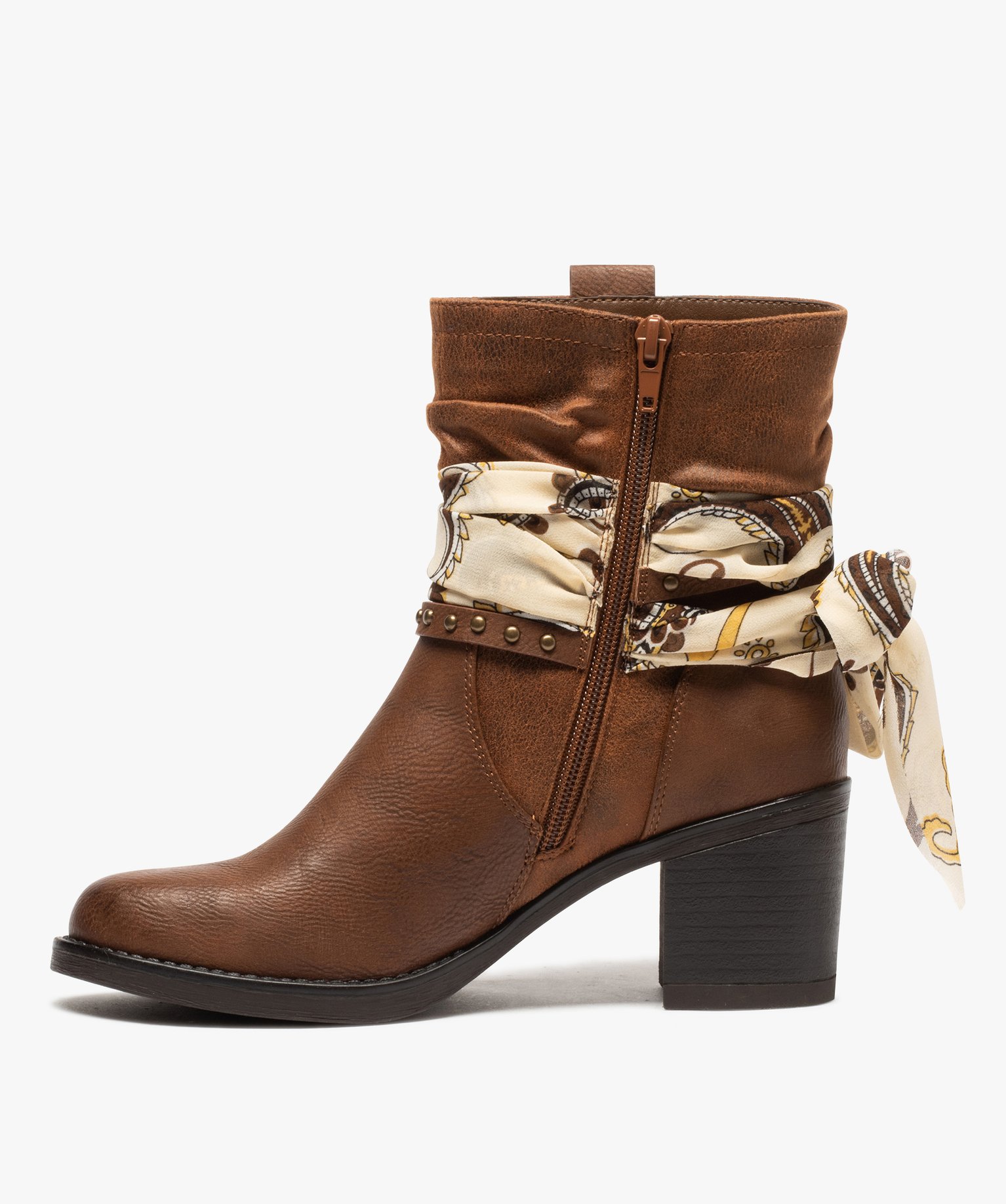 Boots femme à talon avec foulard et brides décoratives camel | GEMO