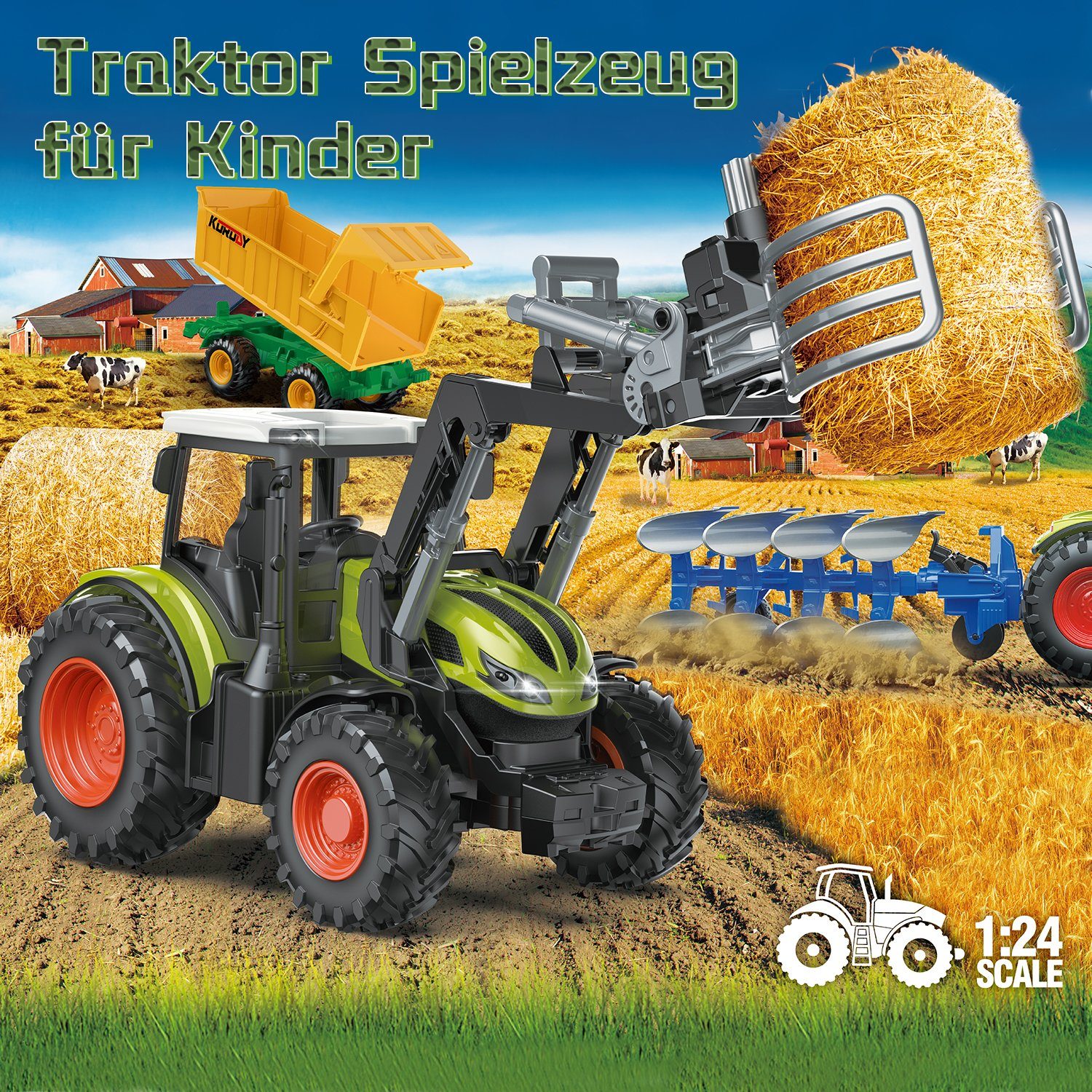 Esun Spielzeug-Traktor Traktor Spielzeug ab 3 4 5 Jahre, Bauernhof Spielzeug ab 3 Jahre, (Set, Komplettset), 5-teiliges Kinder Traktor Spielzeug mit Sound und Licht