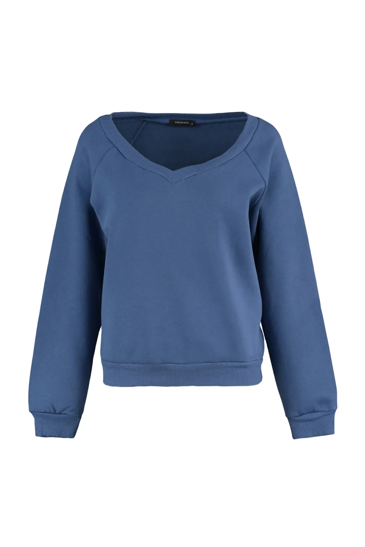 Trendyol Collection  Indigo Boat V-Ausschnitt Basic Dickes Fleece Innen Gestricktes Sweatshirt TWOAW23SW00184