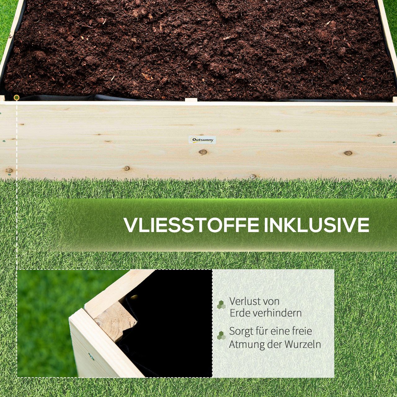 Outsunny Hochbeet aus Holz Gartenbeet mit Vliesstoff Pflanzkübel Pflanzkasten Kräuterbeet für Balkon Garten Natur 117 x 117 x 30 cm