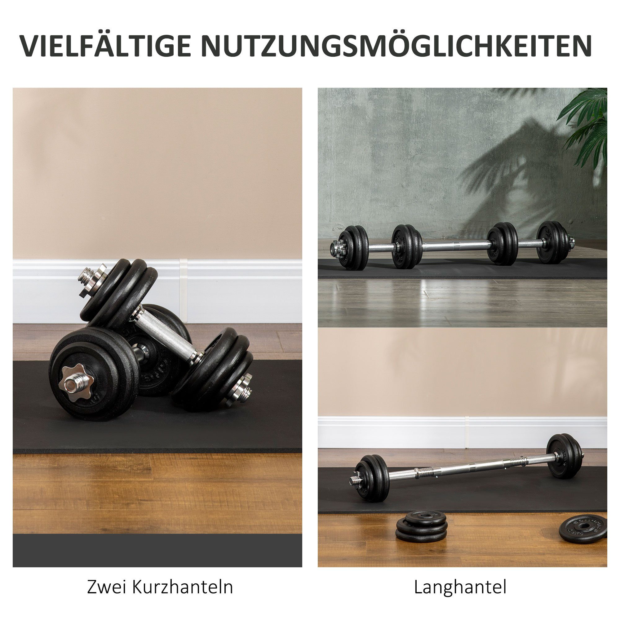 HOMCOM Hantel-Set Langhantel & Kurzhantel Set, 12 Hantelscheiben, (Set, mit Kurzhantelstangen), 8 x 2,5KG, 4 x 1,25KG