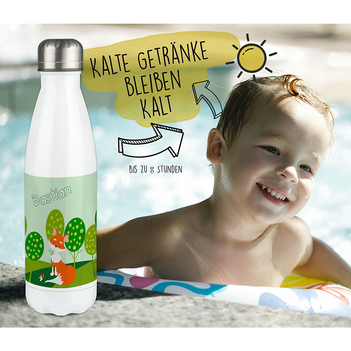 Edelstahl Kinder Thermoflasche / Trinkflasche bunt Fuchs Spülmaschinenfest, Auslaufsicher, Bruchfest, Doppelwandig, Für Heißgetränke geeignet, Mit Deckel, Isoliert