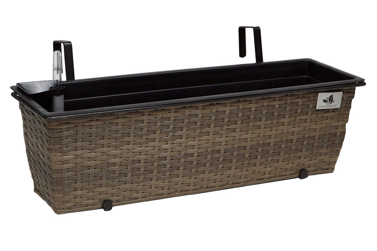 Weles Polyrattan Balkonkasten inkl. Aufhängung, 60 x 19 x 18 cm, mit Bewässerungssystem, cappuccino