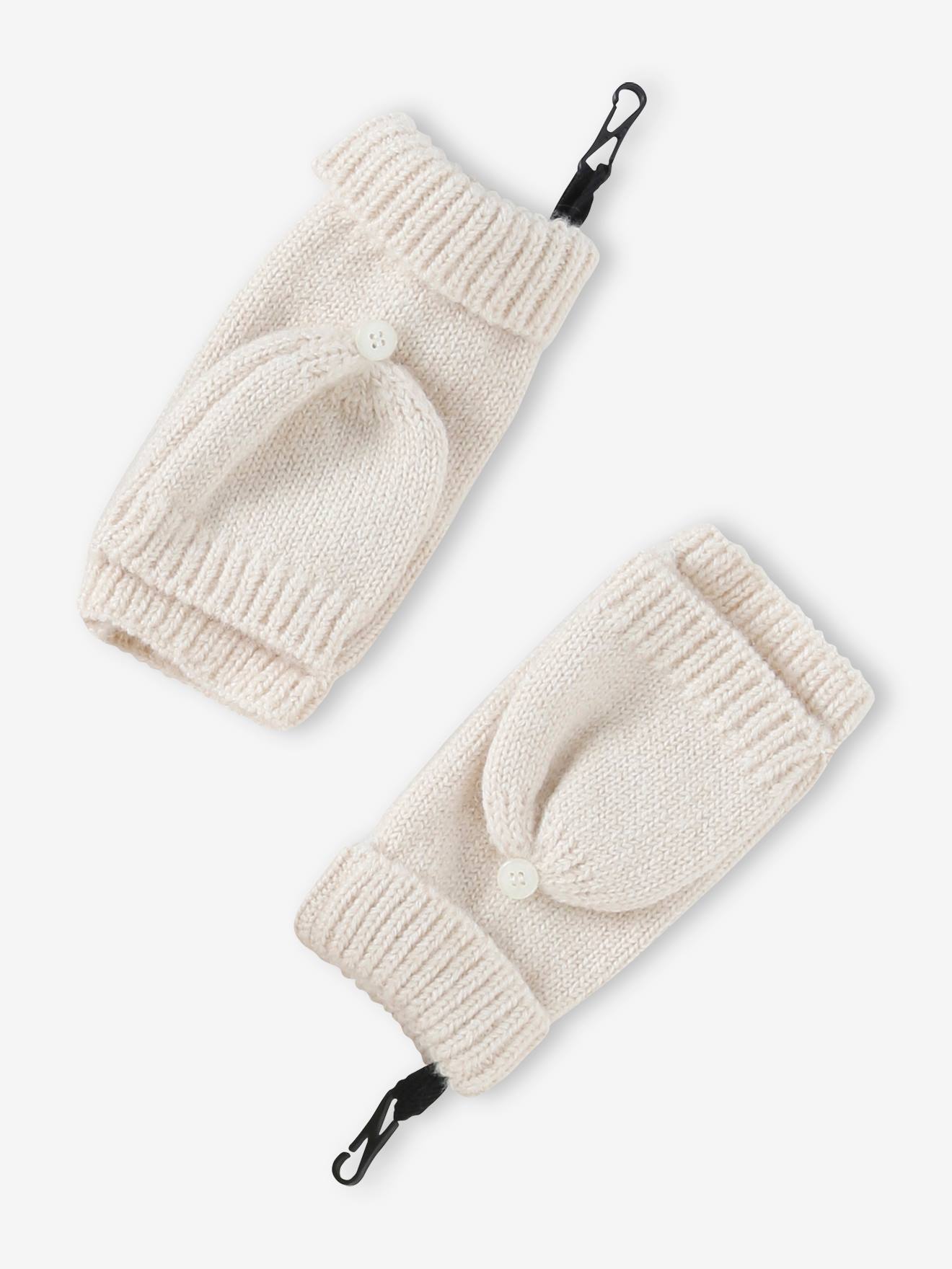 Ensemble fille en maille côtelée bonnet + écharpe + moufles/mitaines beige chiné