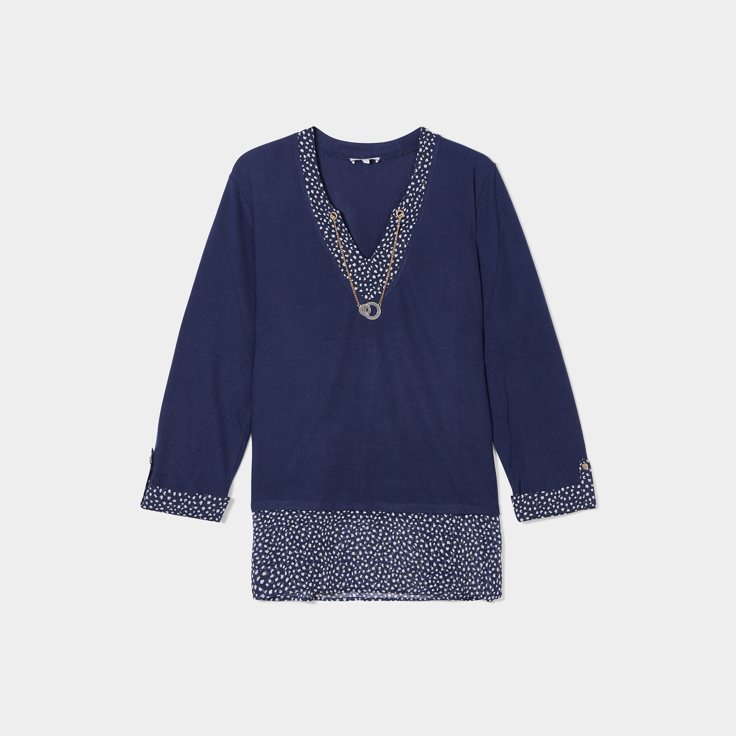 Pull col bijou effet 2-en-1 manches 3 4 bleu marine femme grande taille | La Halle