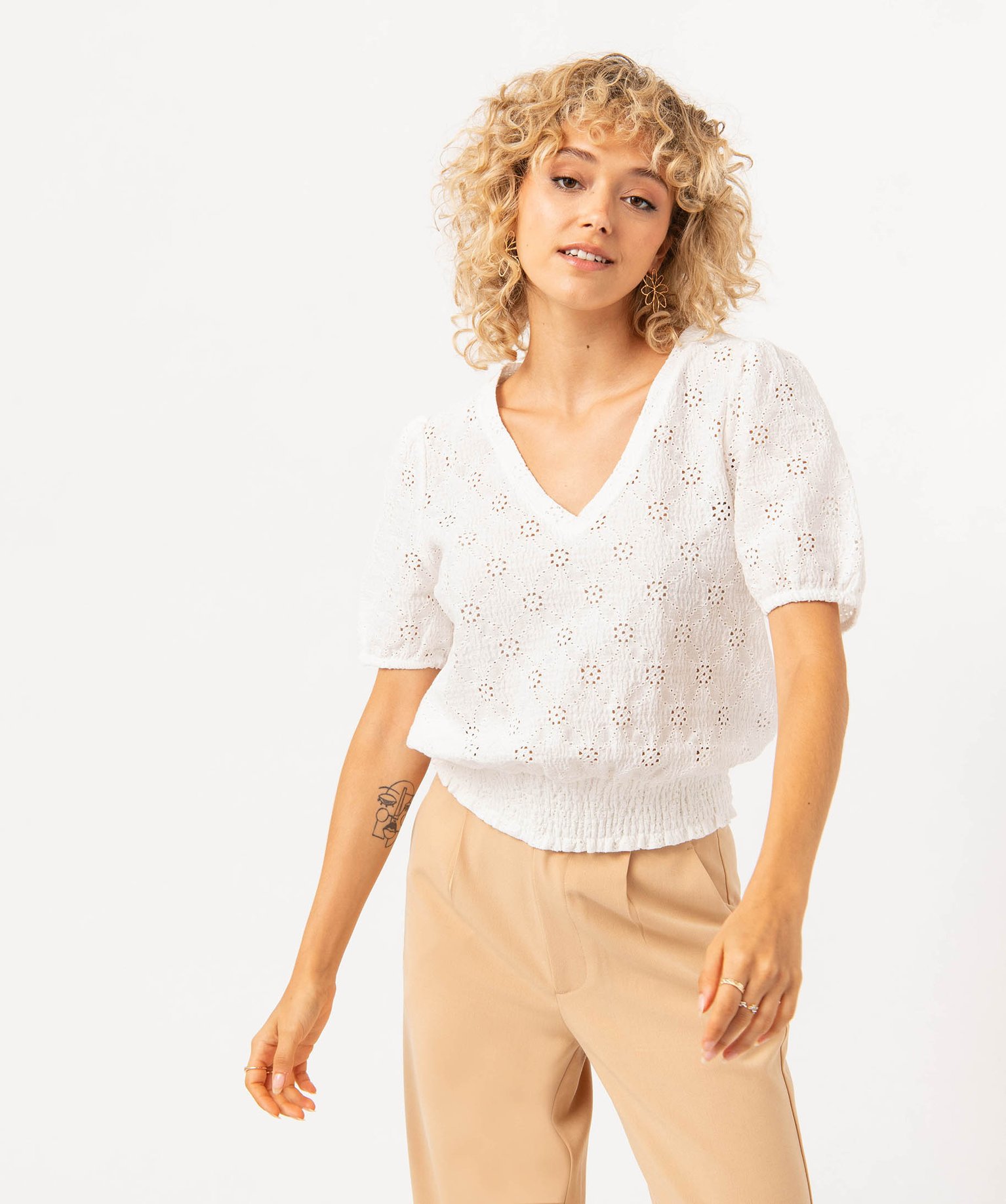 Tee-shirt à manches courtes en maille ajourée femme ecru | GEMO