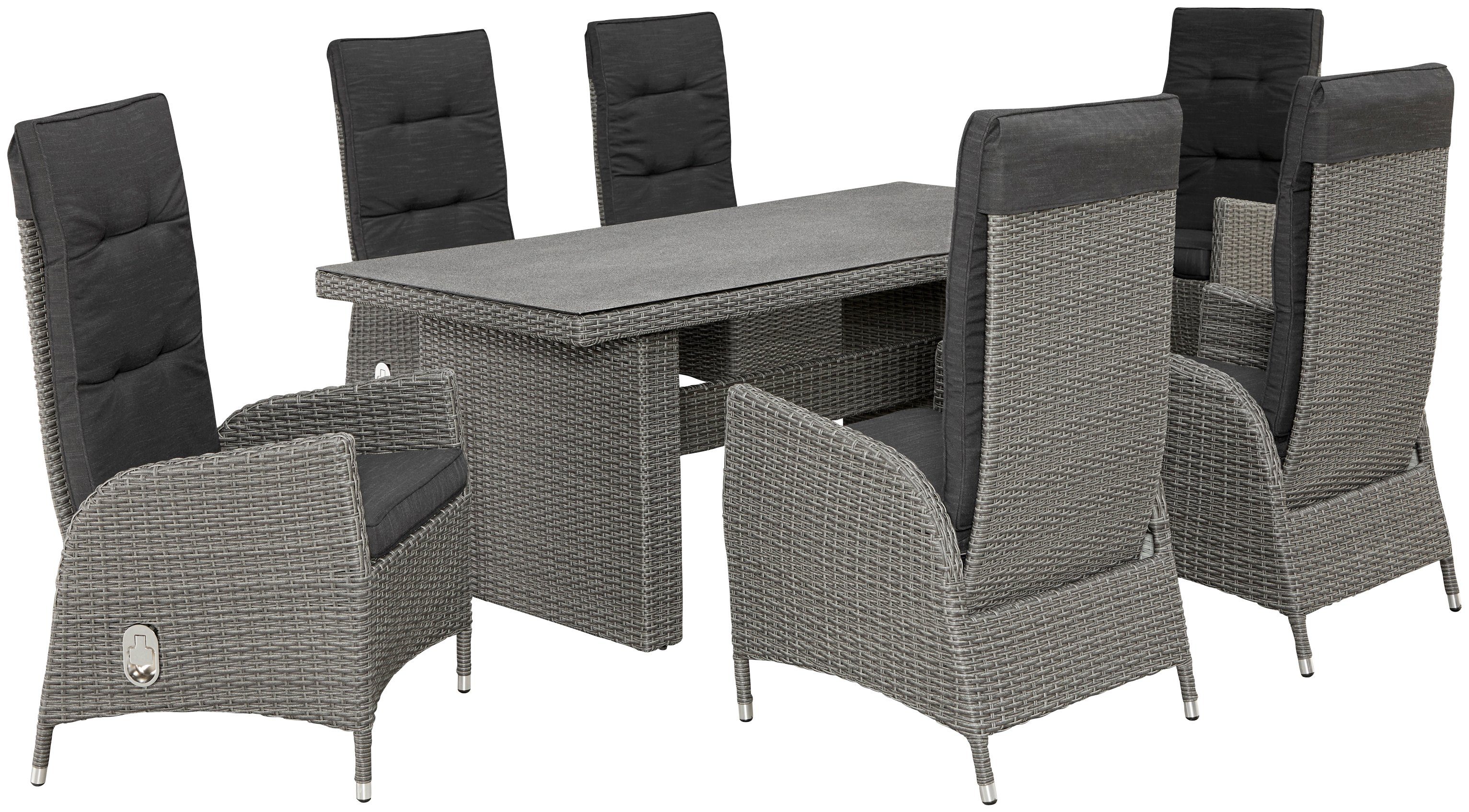 KONIFERA Garten-Essgruppe Brisbane, (13-tlg), 6 Sessel, Rückenlehne verstellbar, Tisch 92x192 cm, Alu/Polyrattan