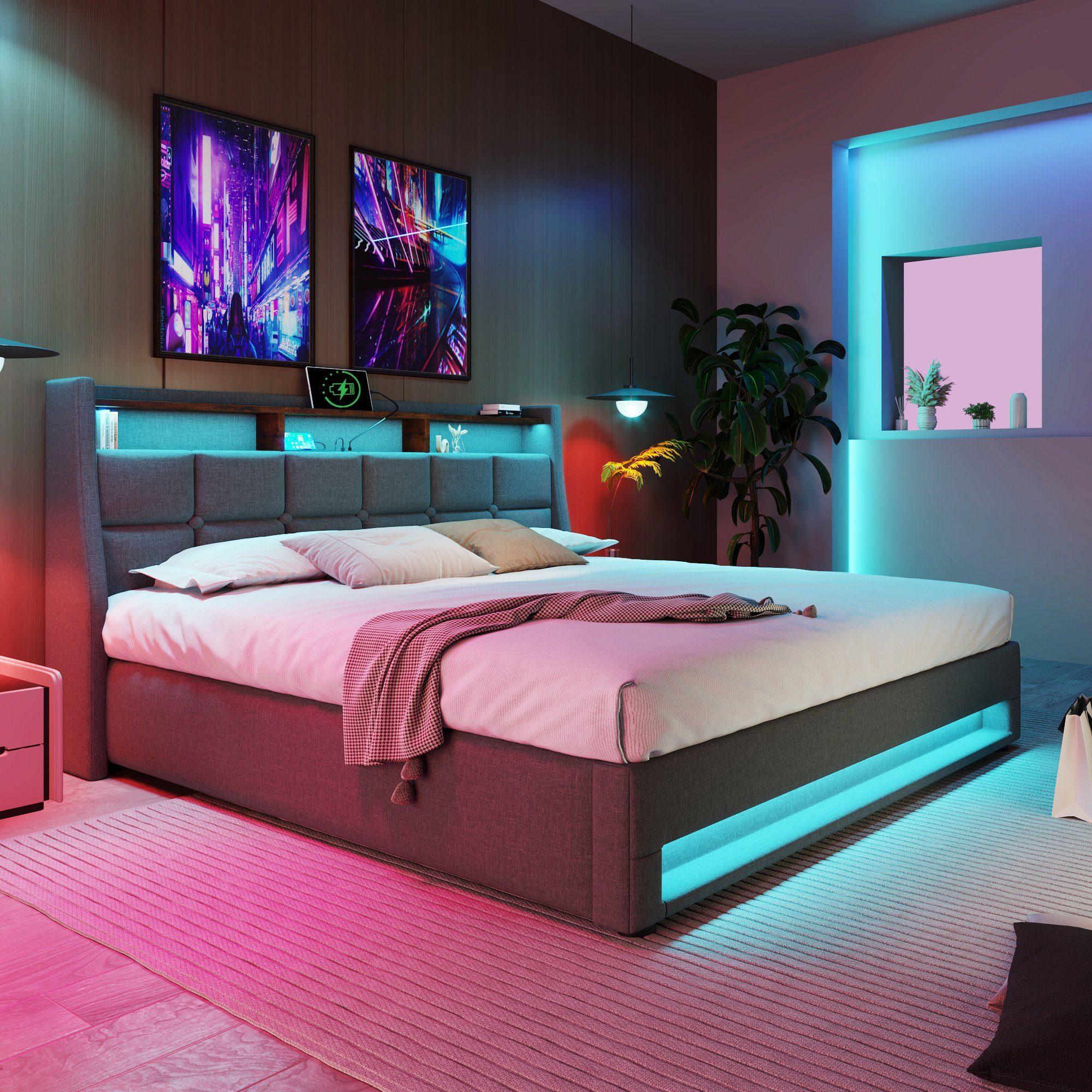 OKWISH Polsterbett Bett (LED Doppelbett Jugendbett mit USB/Typ-C Ladeanschluss), 160 x 200 cm Inklusive Matratze