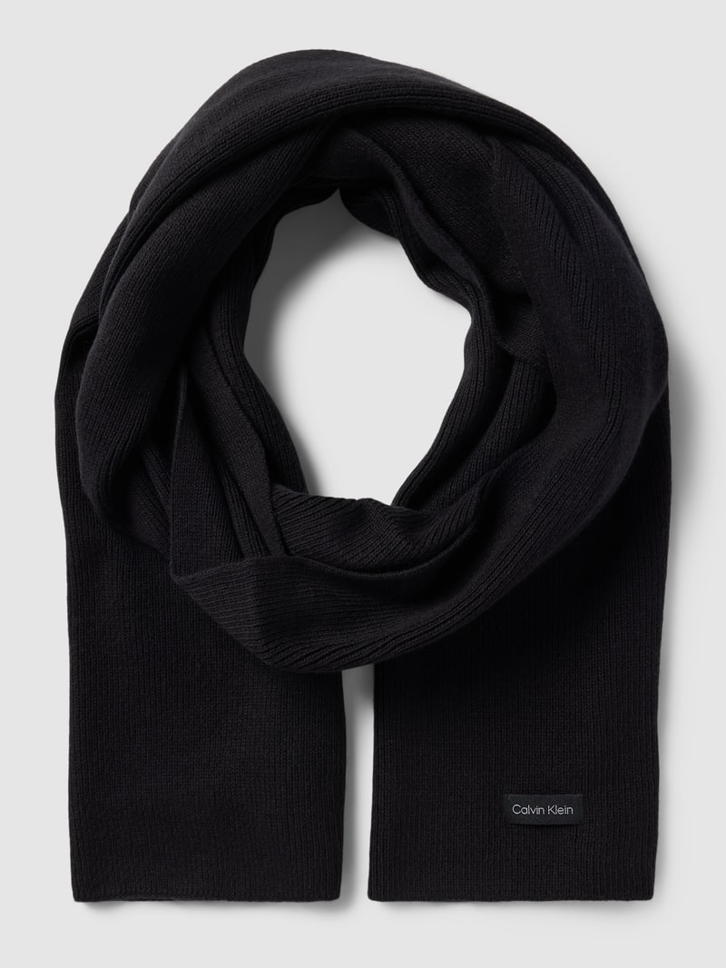 Strickschal mit Label-Patch Modell 'Essential' in schwarz