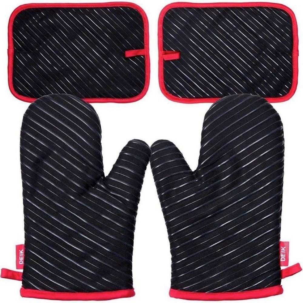 DEIK Topfhandschuhe, (4-tlg., 2x Topflappen und 2x Ofenhandschuhe), hitzebeständig, Polyester-Baumwolle mit Silikonbeschichtung