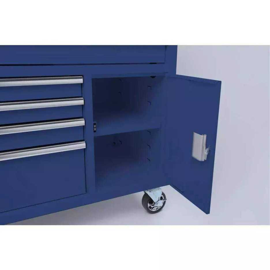 56 inches. W 5 Drawer 1 Door Deep Tool Box Mobile Workbench, Bright Blue, Hardwood Top