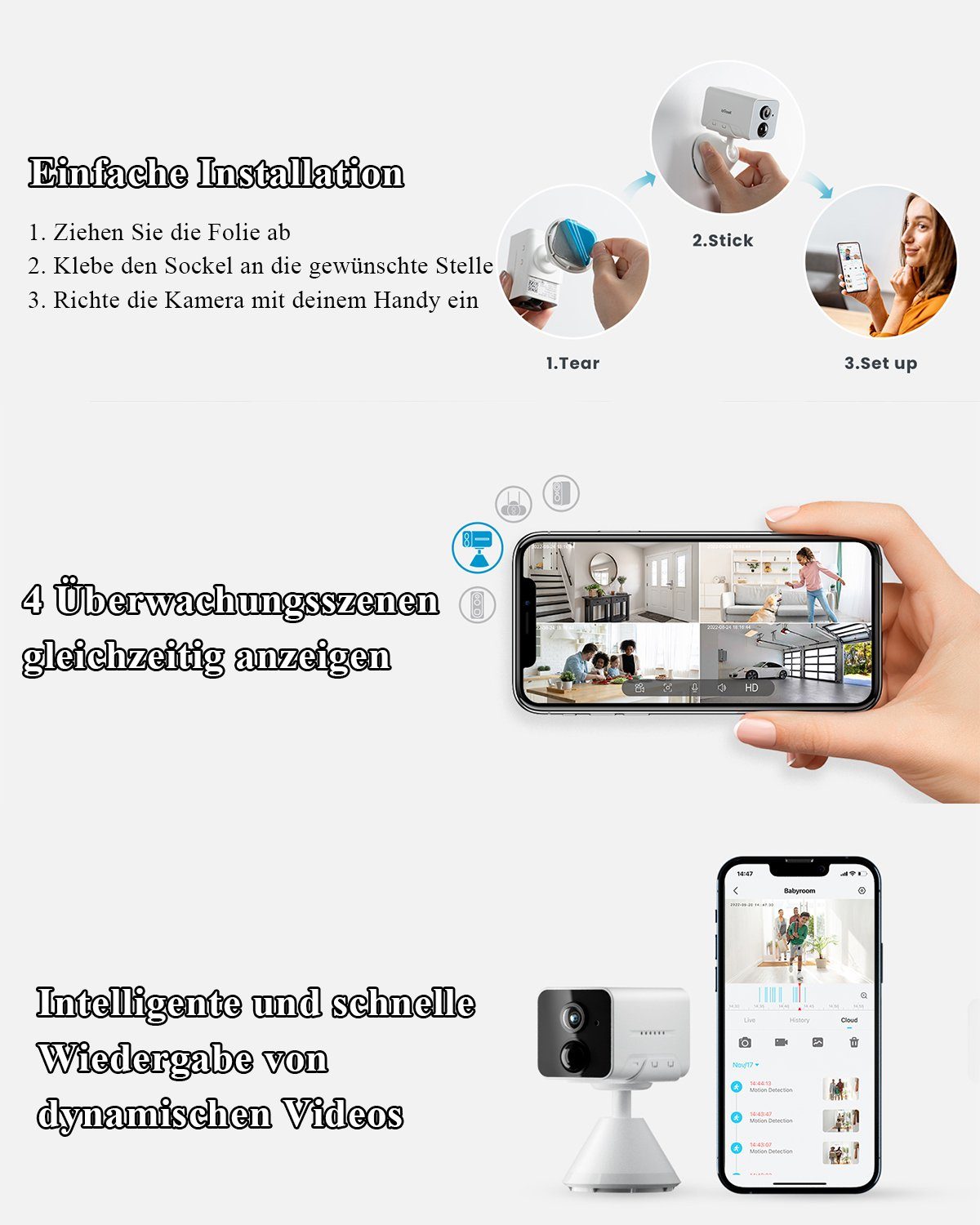 ieGeek Akku Innenkamera WIFI WLAN Überwachungskameras 1080P für Baby/Tier Überwachungskamera (Innenbereich, Humanoid-Erkennung,Alarmbenachrichtigung,Alexa,Überwachungsbereich,Mehrfachansicht,Geschichte,Alarmfrist,Alarm ausgelöst,Warnmeldung,Bild teil