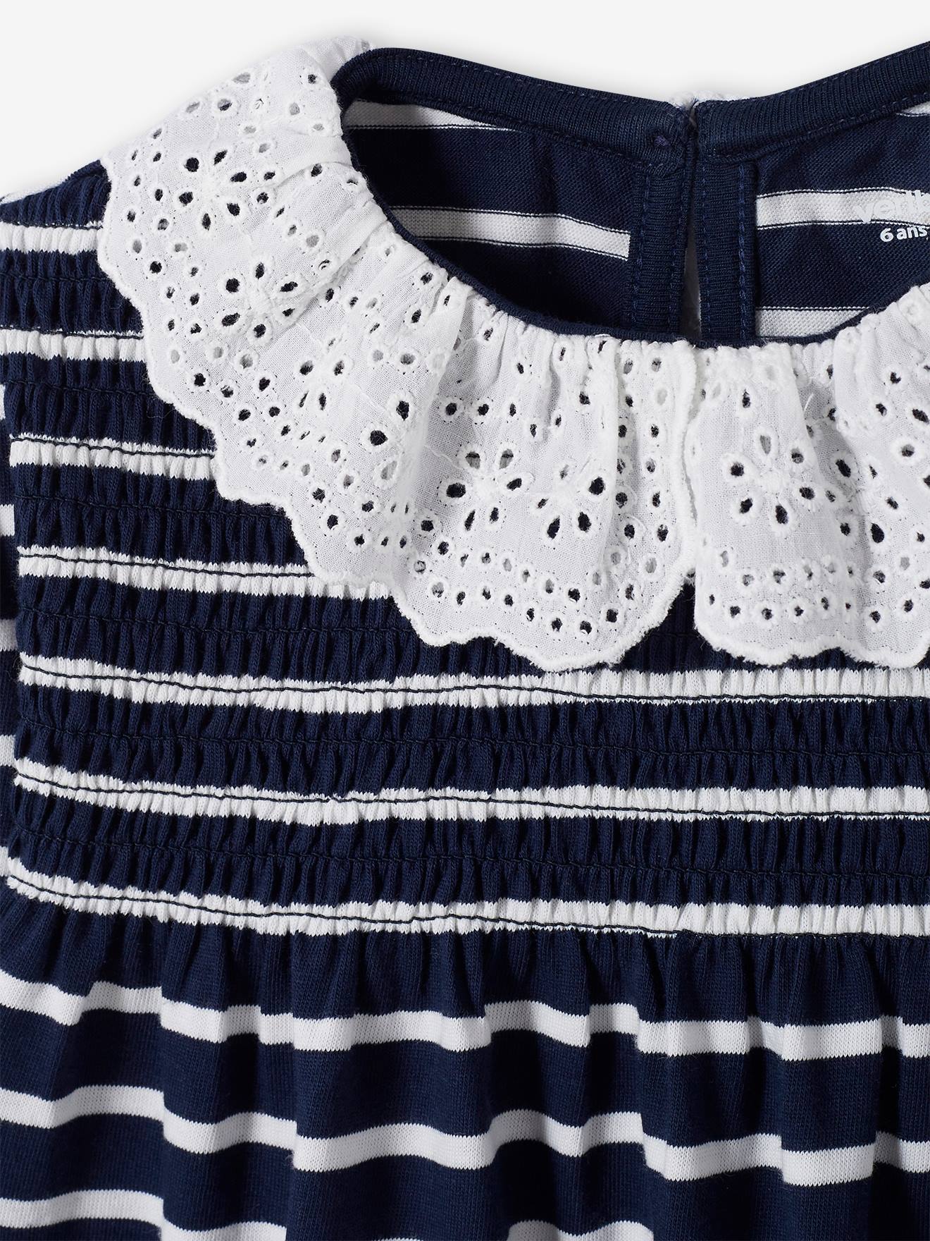 T-shirt blouse col en broderie anglaise fille marine rayé