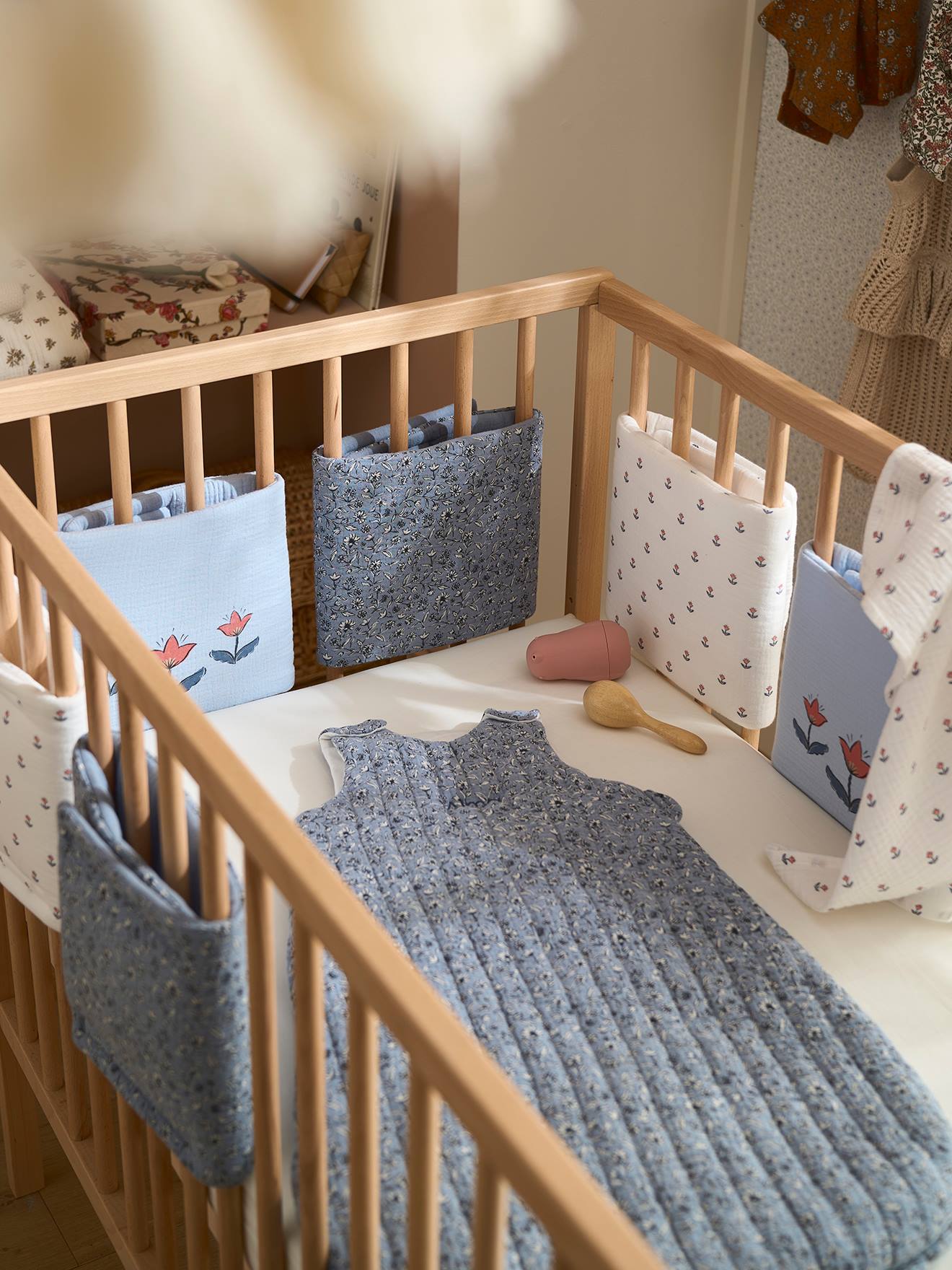 Vertbaudet Baby Bettumrandung/Laufgitterpolster INDIEN BLUME, Musselin Oeko-Tex - set blau