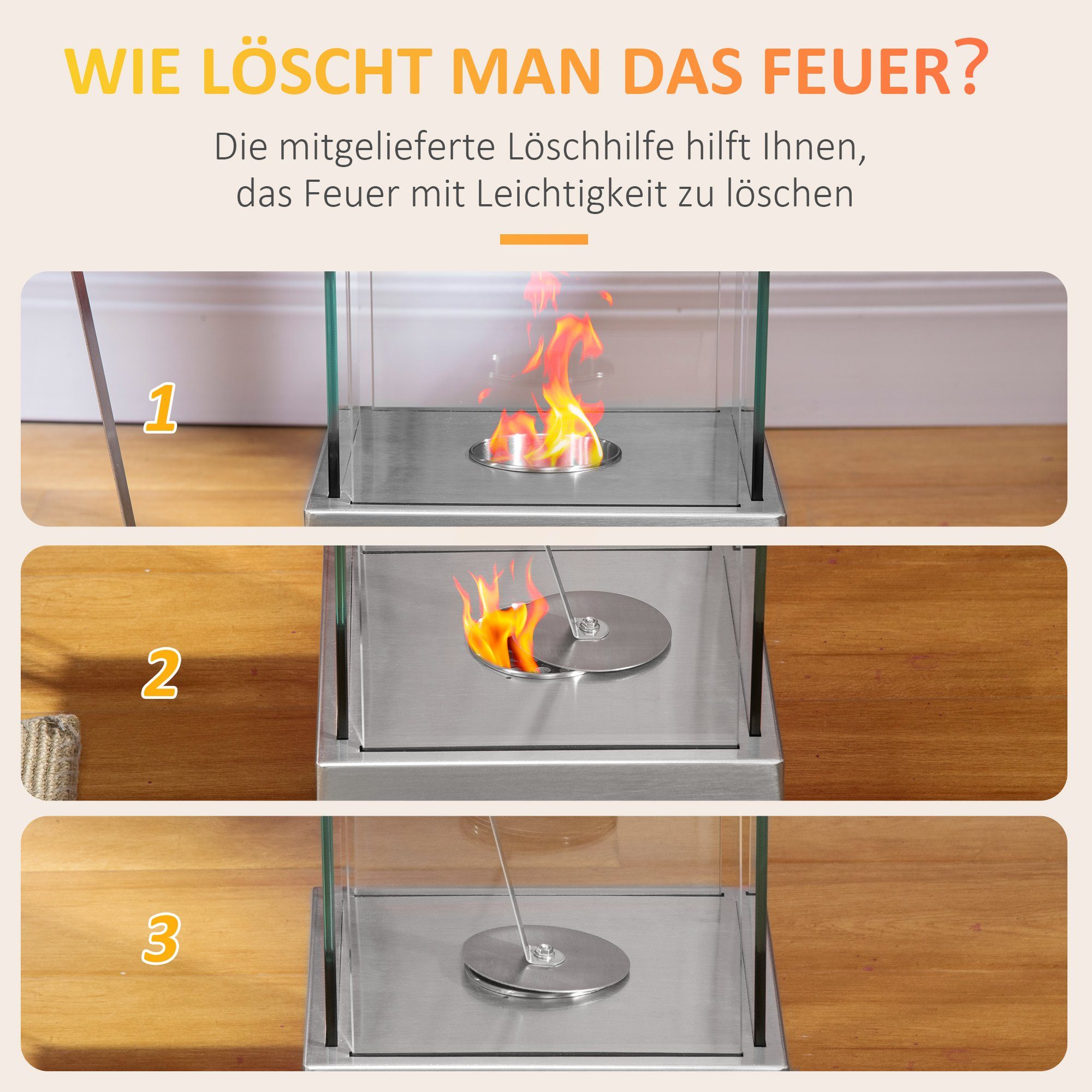 HOMCOM Echtfeuer-Dekokamin Ethanol-Kamin (Set, 1-St., 1 x Ethanol-Kamin; 1 x Handbuch), mit Bioethanol Brenner, Hartglas Silber 25 x 25 x 60 cm
