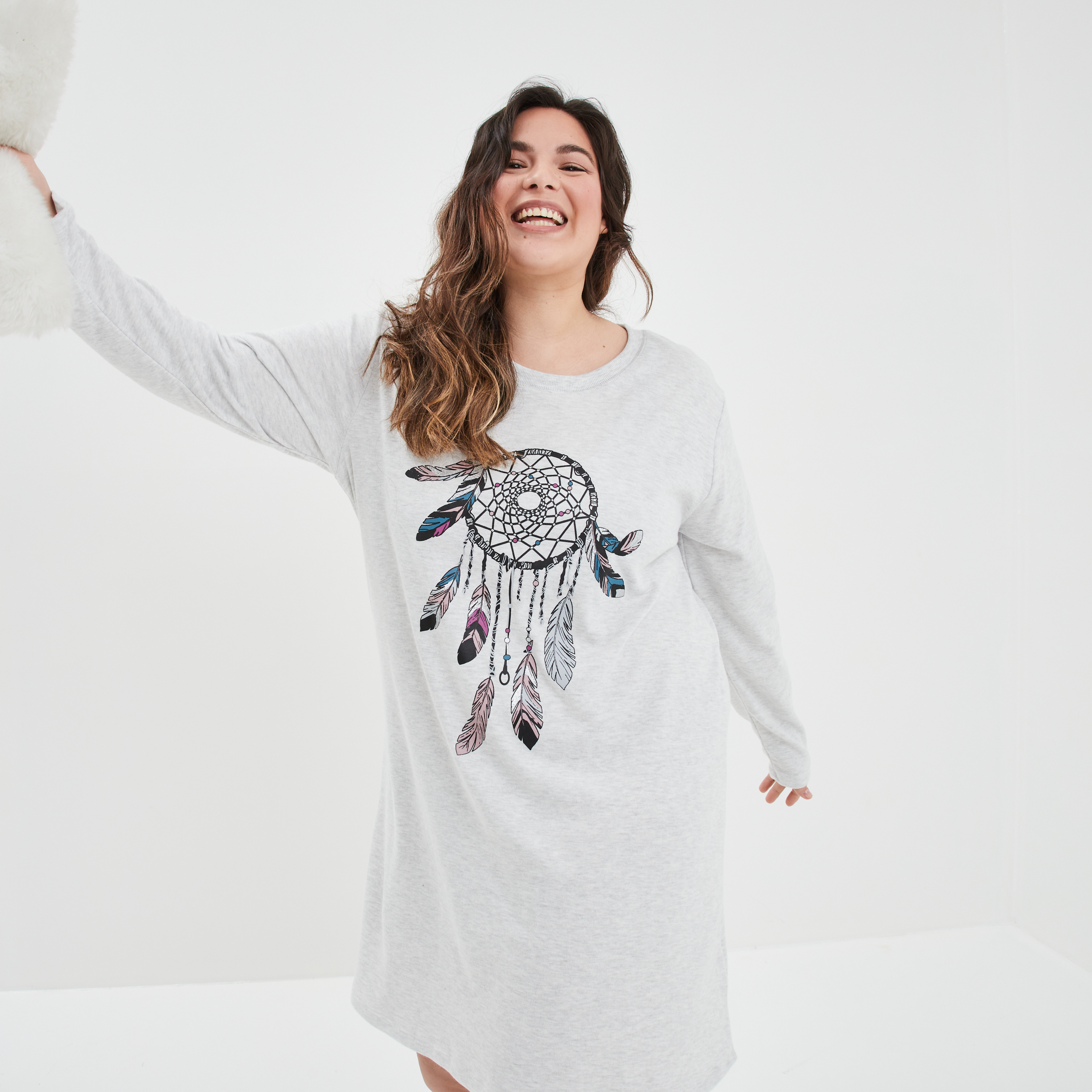Chemise de nuit manches longues gris clair femme grande taille | La Halle