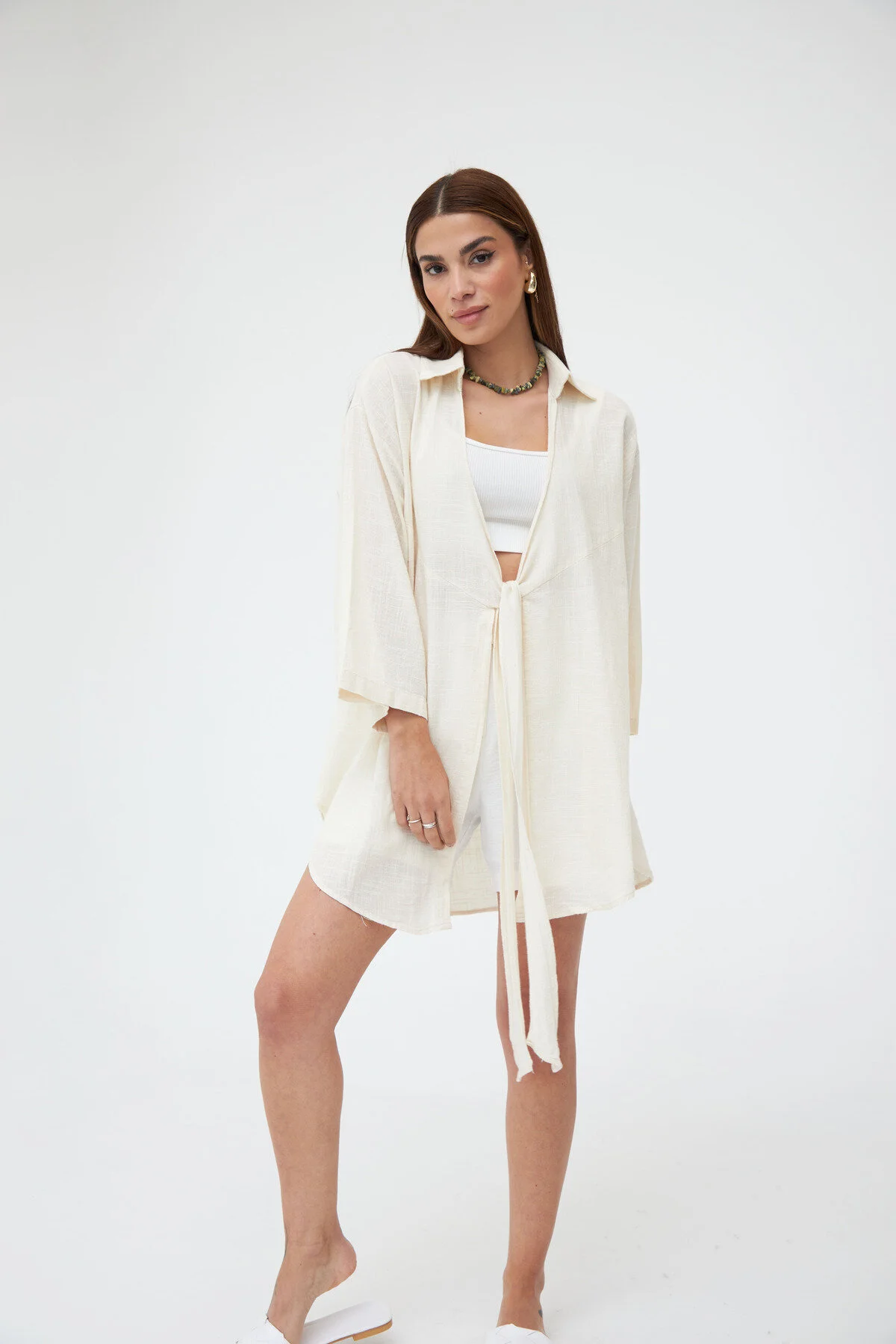 Laluvia  Steinfarbenes Flam-Leinen-Kimono-Shirt