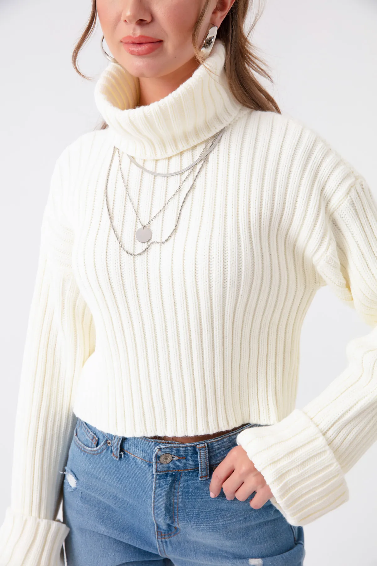 Lafaba  Ecrufarbener, breiter, gerippter Rollkragenpullover für Damen
