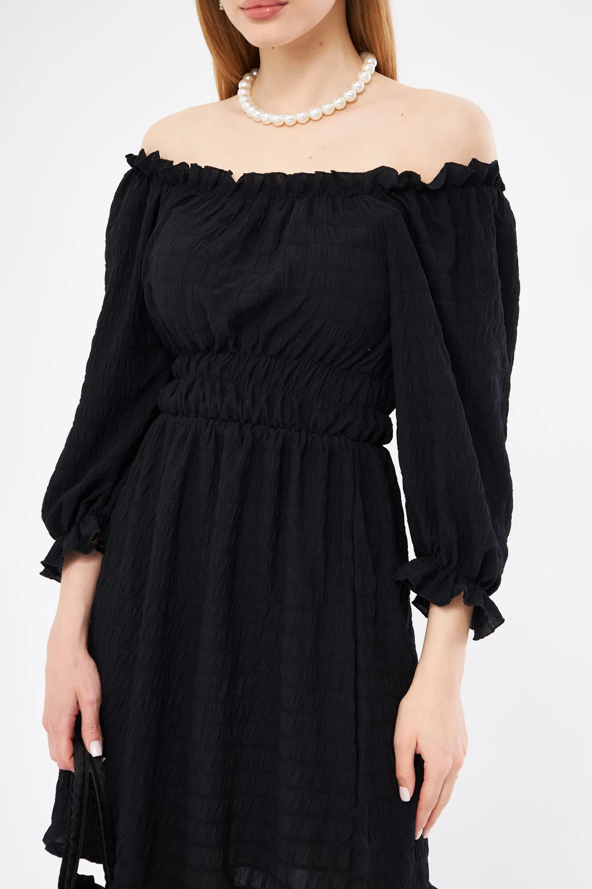 armonika  Schwarzes Wickelkleid mit Madonna-Ausschnitt und elastischer Taille für Damen