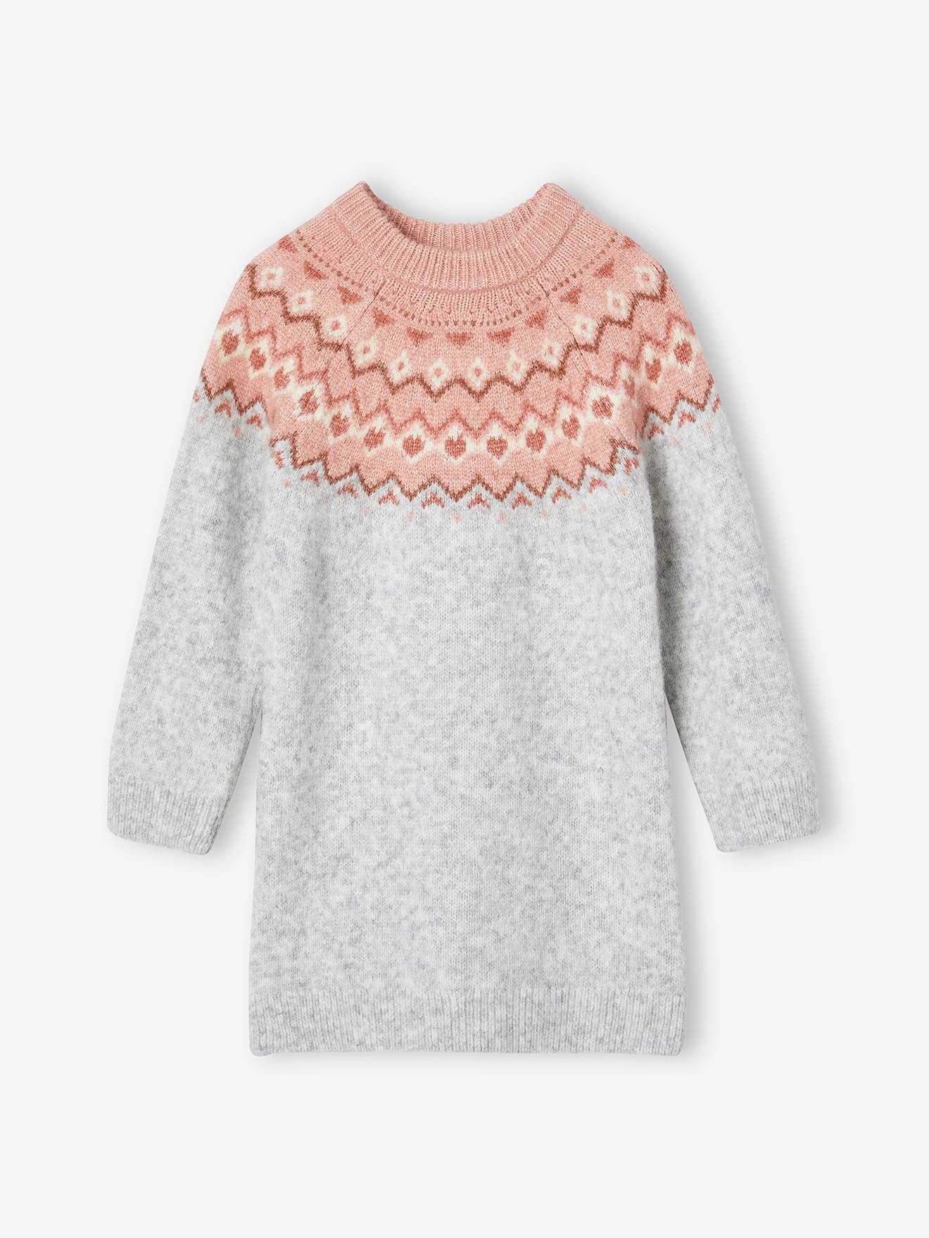 Robe jacquard en tricot fille gris chiné