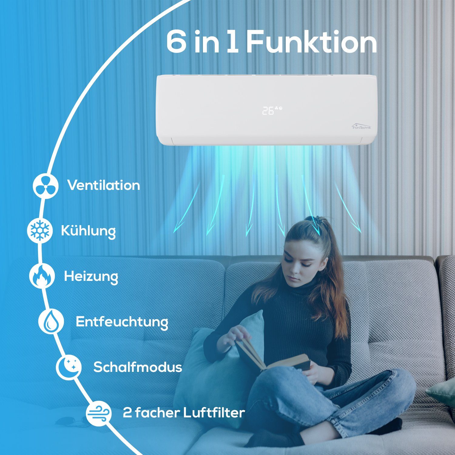 TroniTechnik Split-Klimagerät Dalvik II 9000 Inverter,inkl. Zubehör, App Steuerung, Vorbefüllt, Kühlung,Heizung,Ventilation (6-Stufen Ventilator),Entfeuchtung
