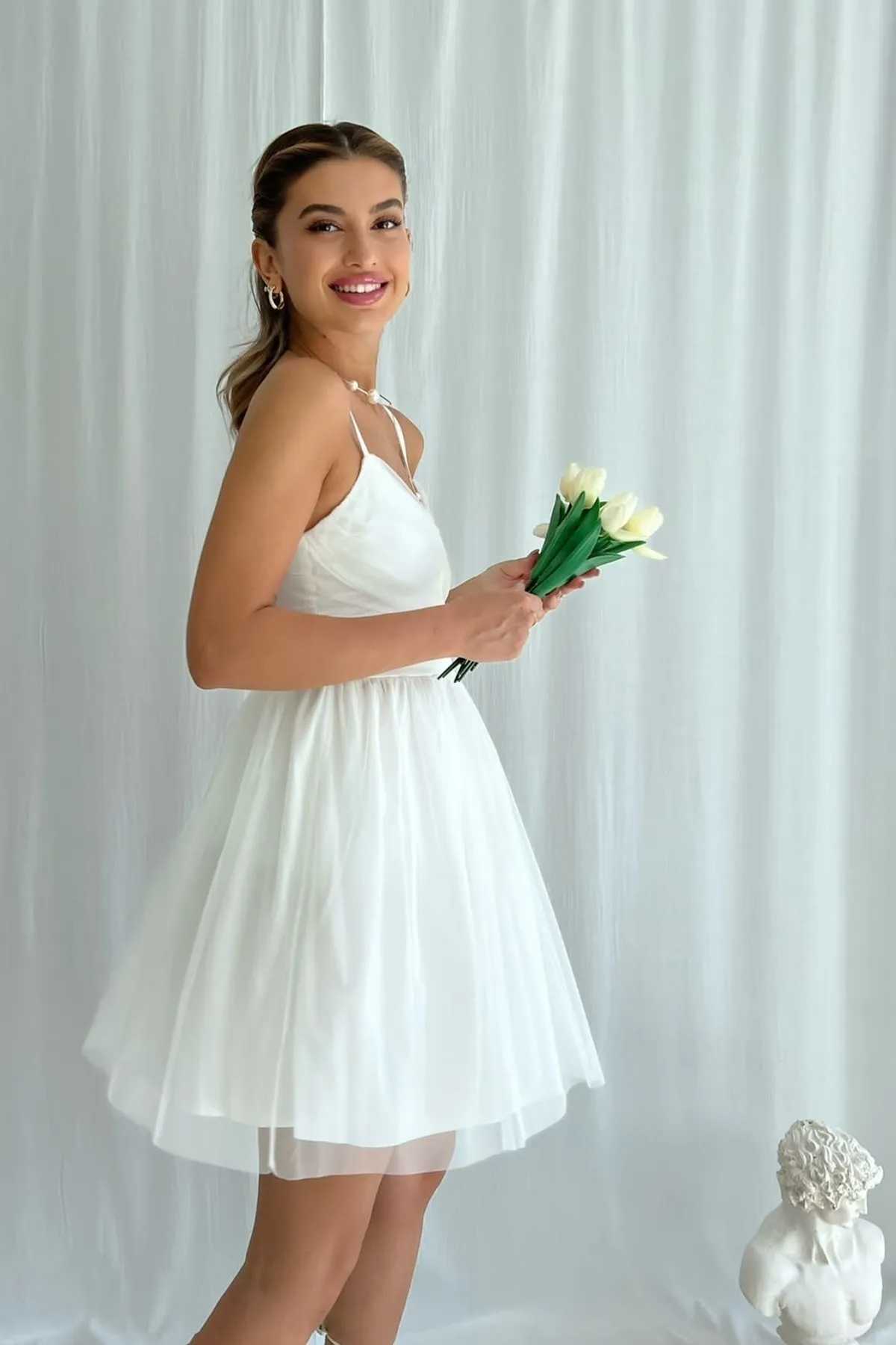 bayansepeti  Gefütterter Tüllstoff, ausgestellter Schnitt, weißes Kleid, weißes Verlobungskleid 139