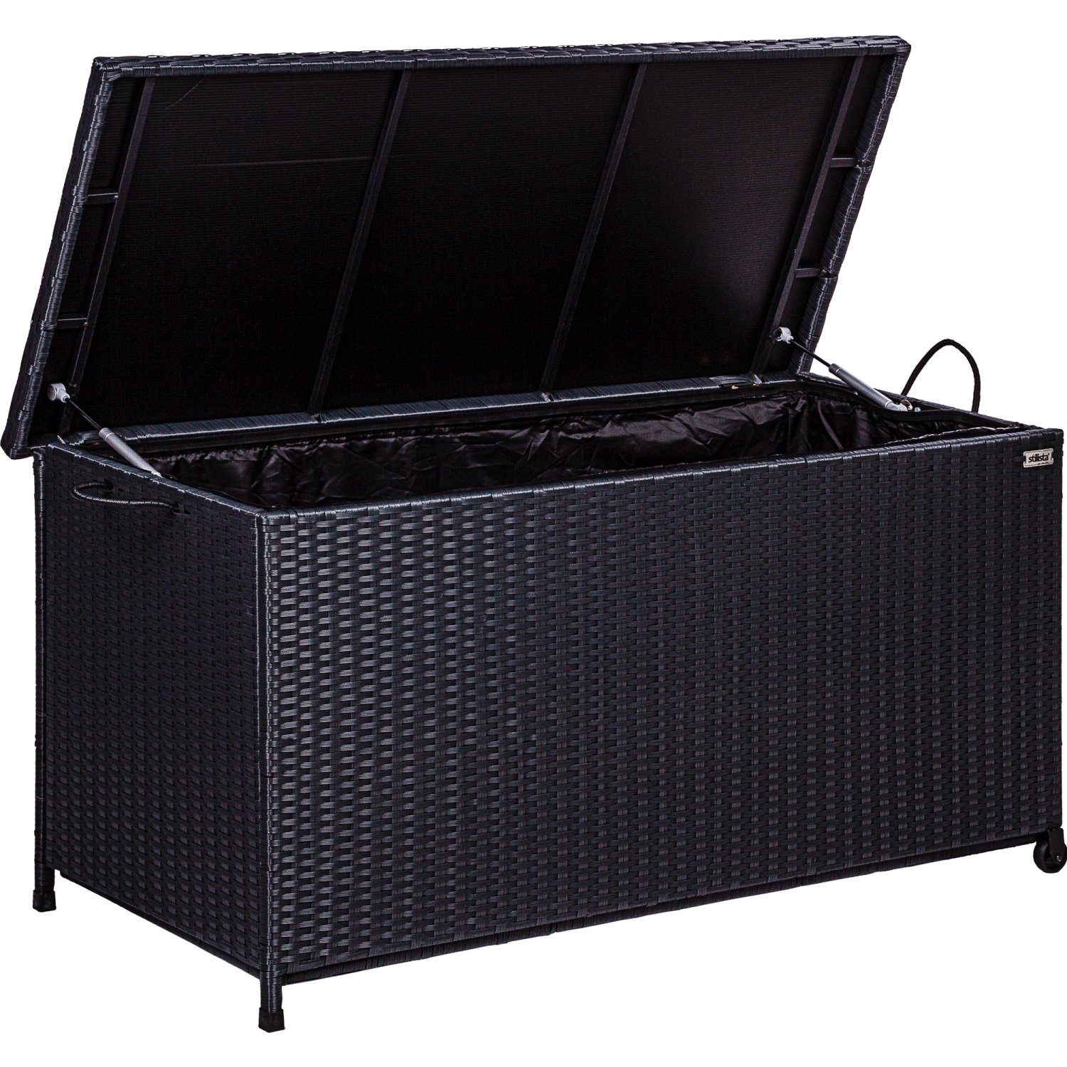 STILISTA Gartenbox Polyrattan Gartenbox Gartentruhe Aufbewahrungsbox, Deckel mit Hubautomatik, Innenplane, Räder und Tragegriffe, Farbwahl