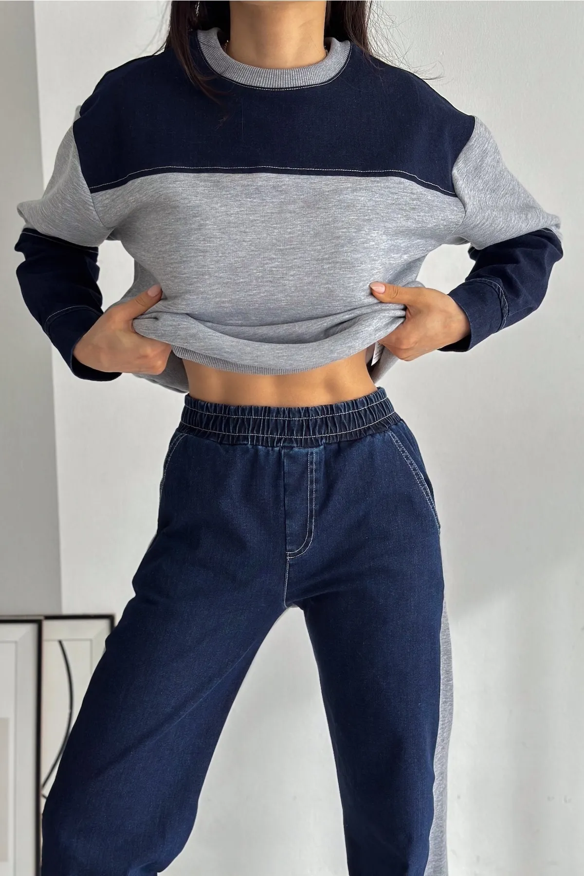 FEMELLE  Set aus Oberteil und Hose aus Denim mit elastischem Bund