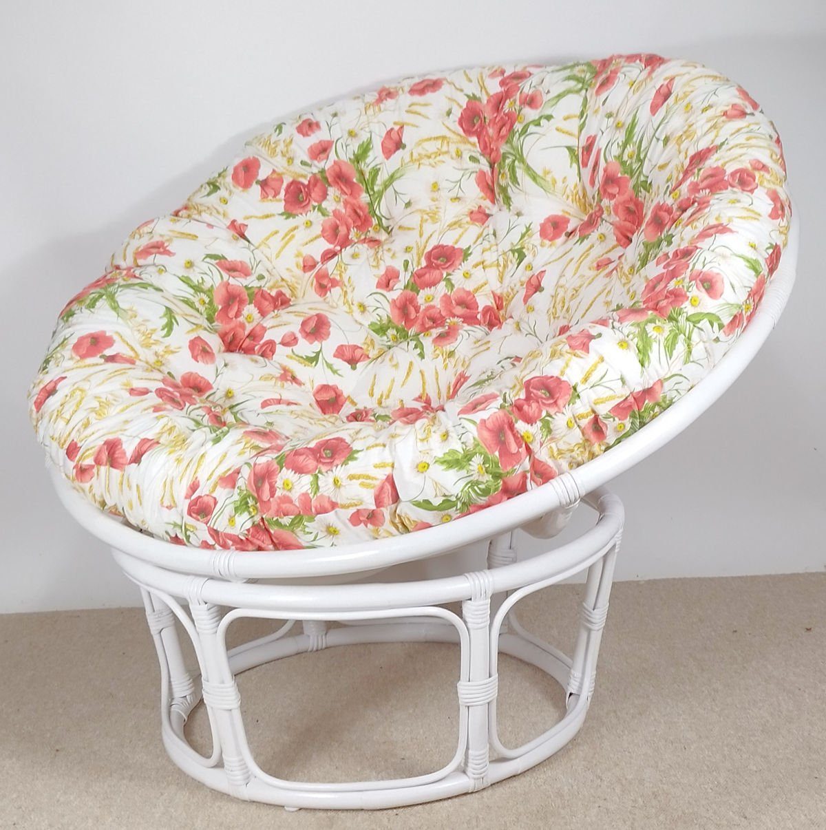 Rattani Rattanstuhl Rattan Papasan Sessel inkl. hochwertigen Polster, D 110 cm Weiß Lack