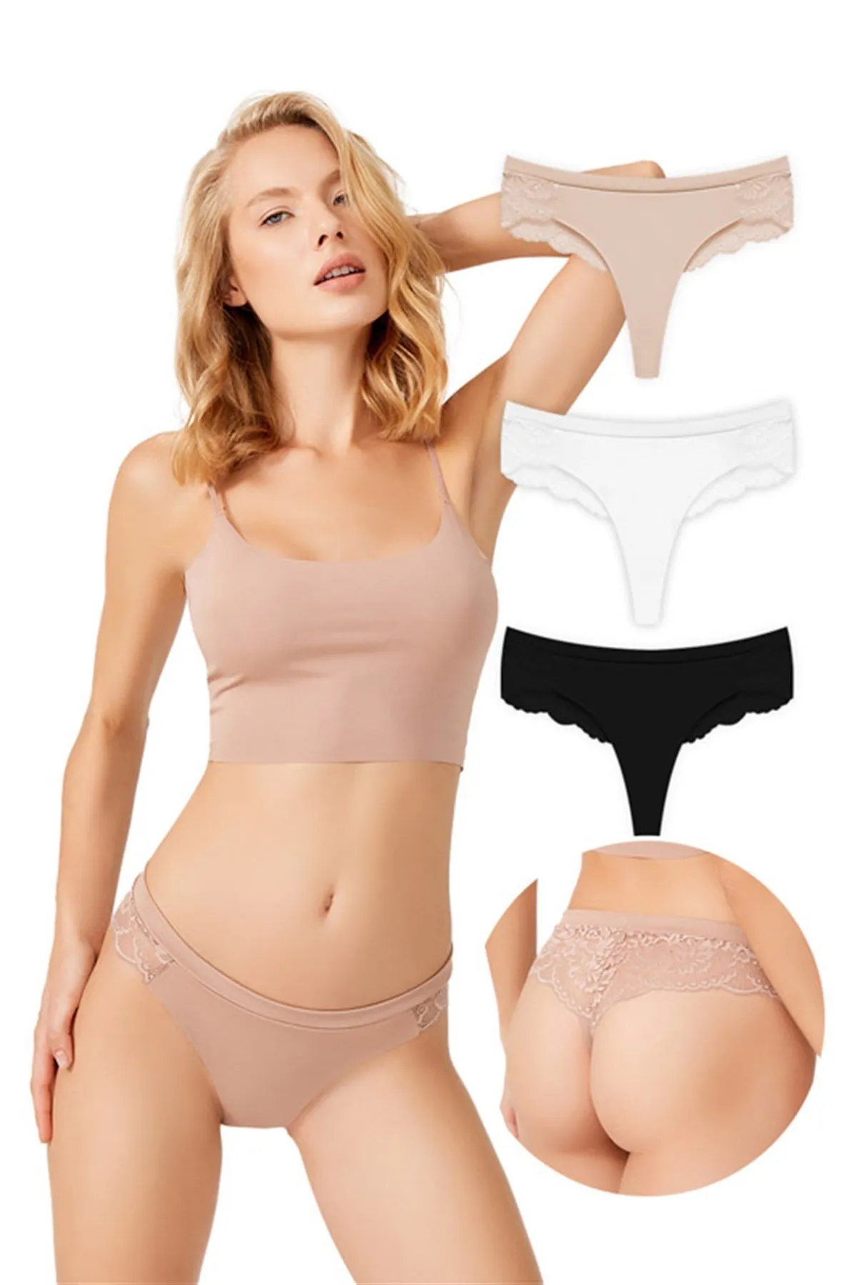 Cottonhill  Lasergeschnittene brasilianische 3er-Pack-Höschen für Damen mit Spitzenrücken - 2