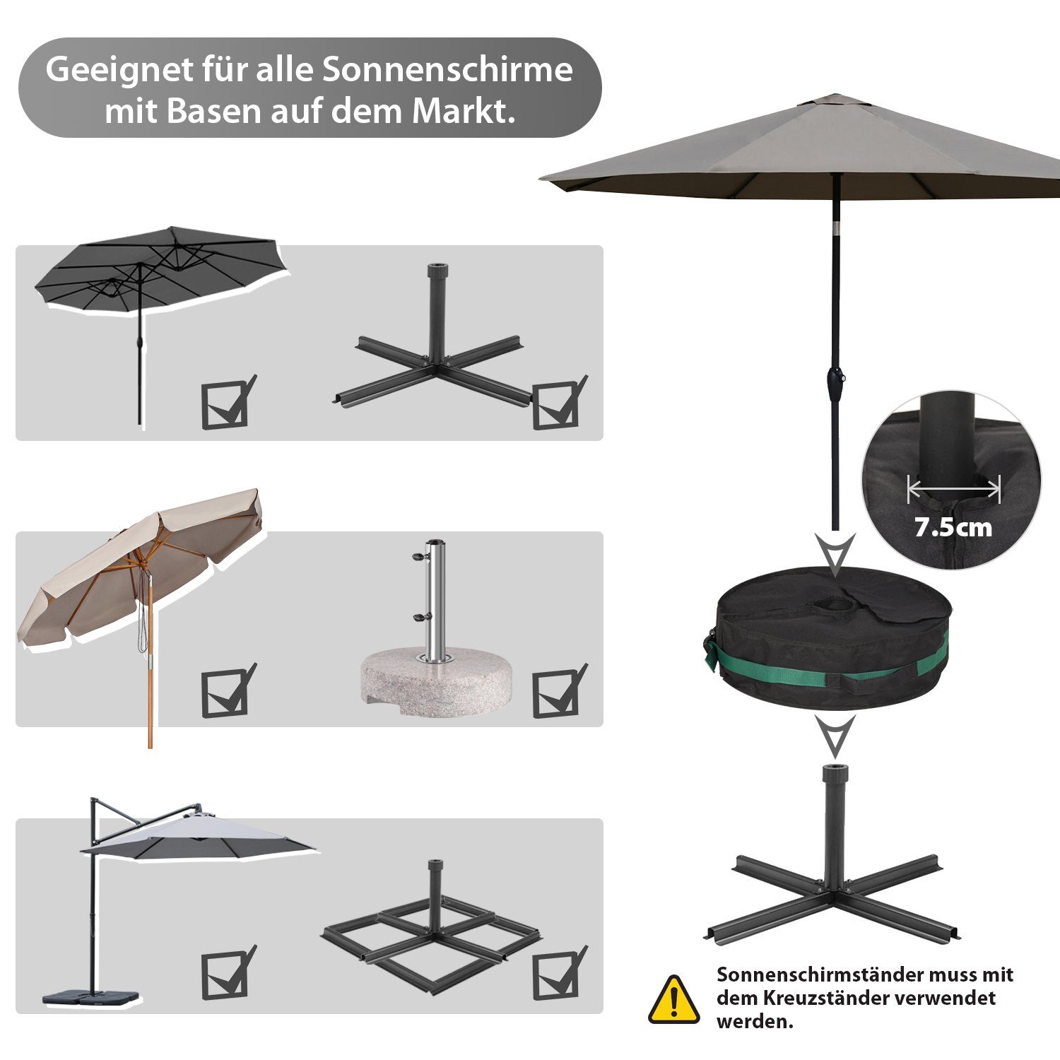 Sekey Kunststoffschirmständer Sonnenschirmständer Ampelschirm Sandsack Standfuß Plattenständer, für Stöcke bis Ø 75 mm