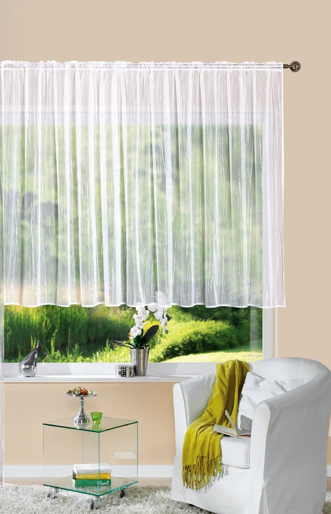 Bogenstore, Gardinenbox, Kräuselband (1 St), transparent, Jacquard, Store Jacquard Isabella Kräuselband Universalband Weiß Längsstreifen Transparent Voile 13145