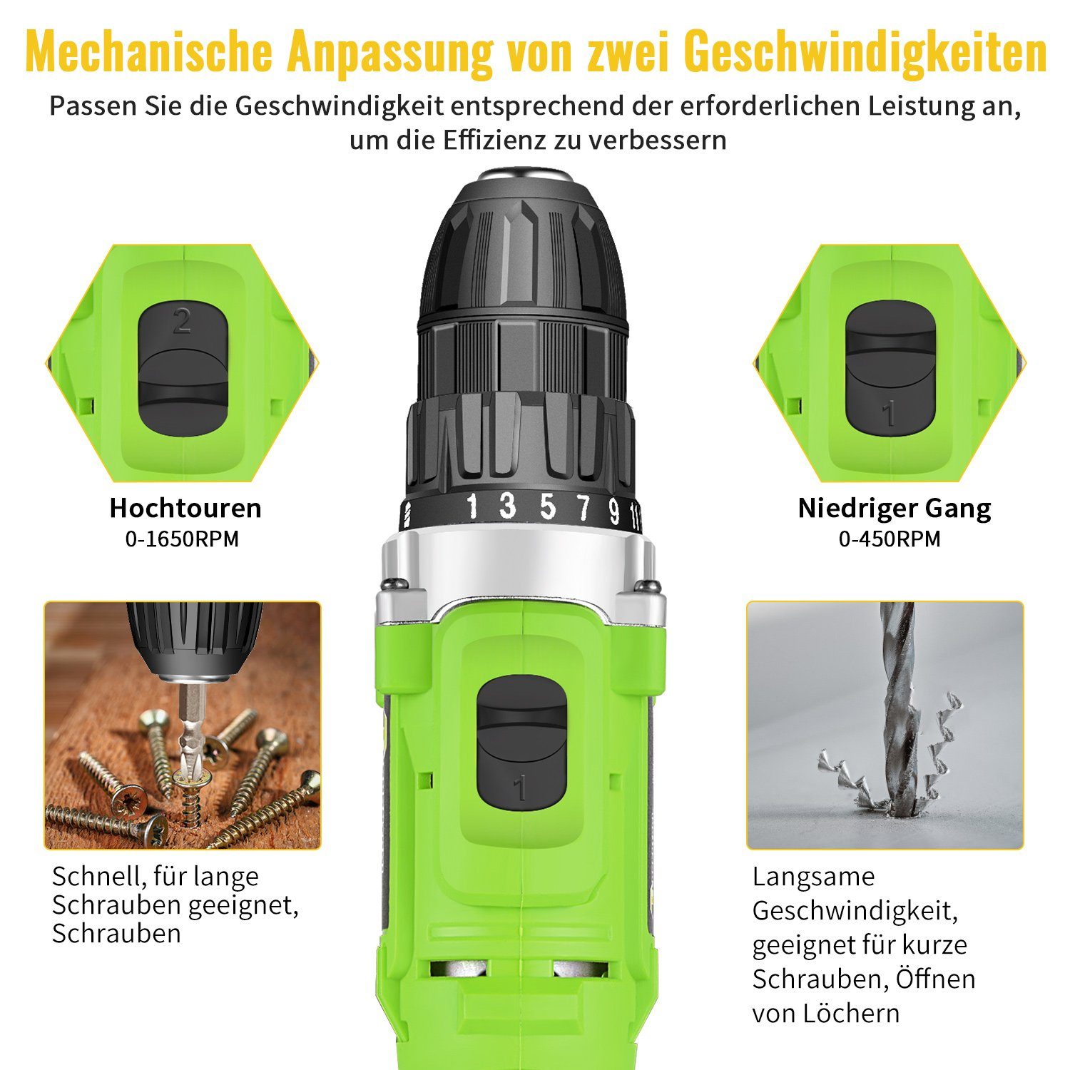 Ulife Akku-Schraubendreher CONENTOOL Bohrschrauber, 1650,00 U/min, 35,00 Nm, (Set, Aufbewahrungskoffer, Ladegerät, 1×Akku, Bit-Set), mit Akkus und Ladegerät
