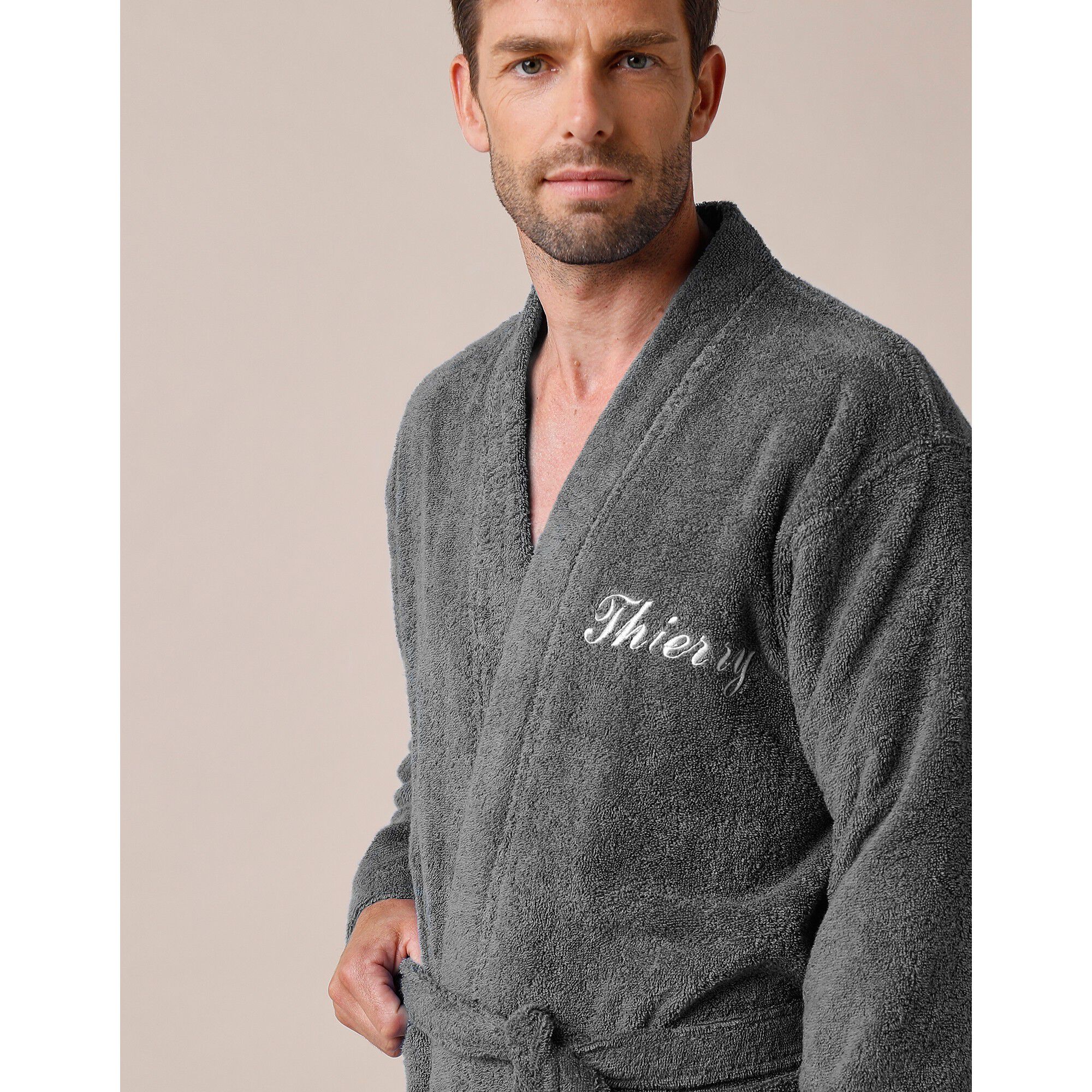 Peignoir mixte adulte uni coton éponge bouclette col kimono personnalisé