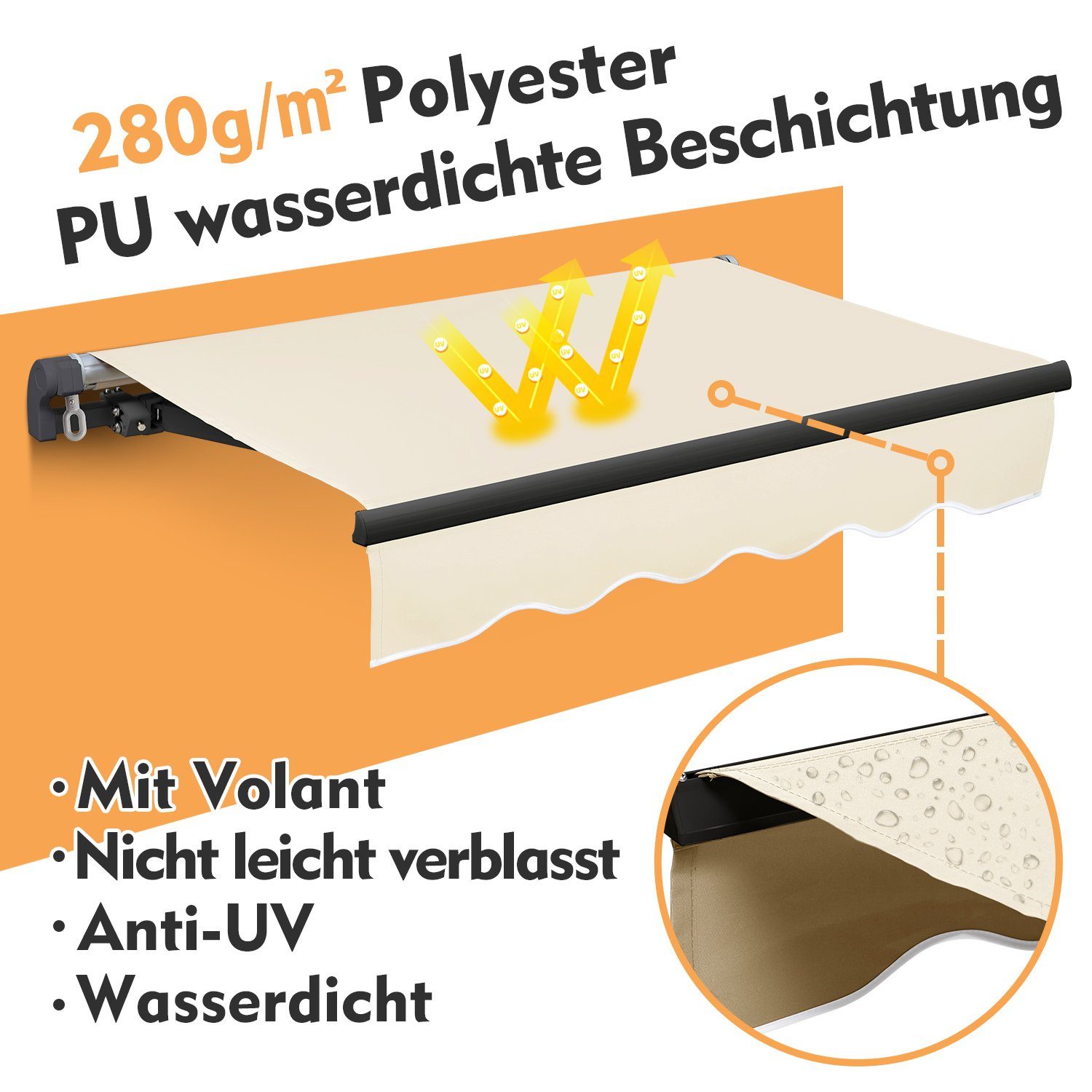 Sekey Gelenkarmmarkise Alu Nicht-elektrisch Markise Anti-UV mit Kurbel, aus Alu & Polyester UV50+, wasserabweisend, einstellbarer Neigungswinkel