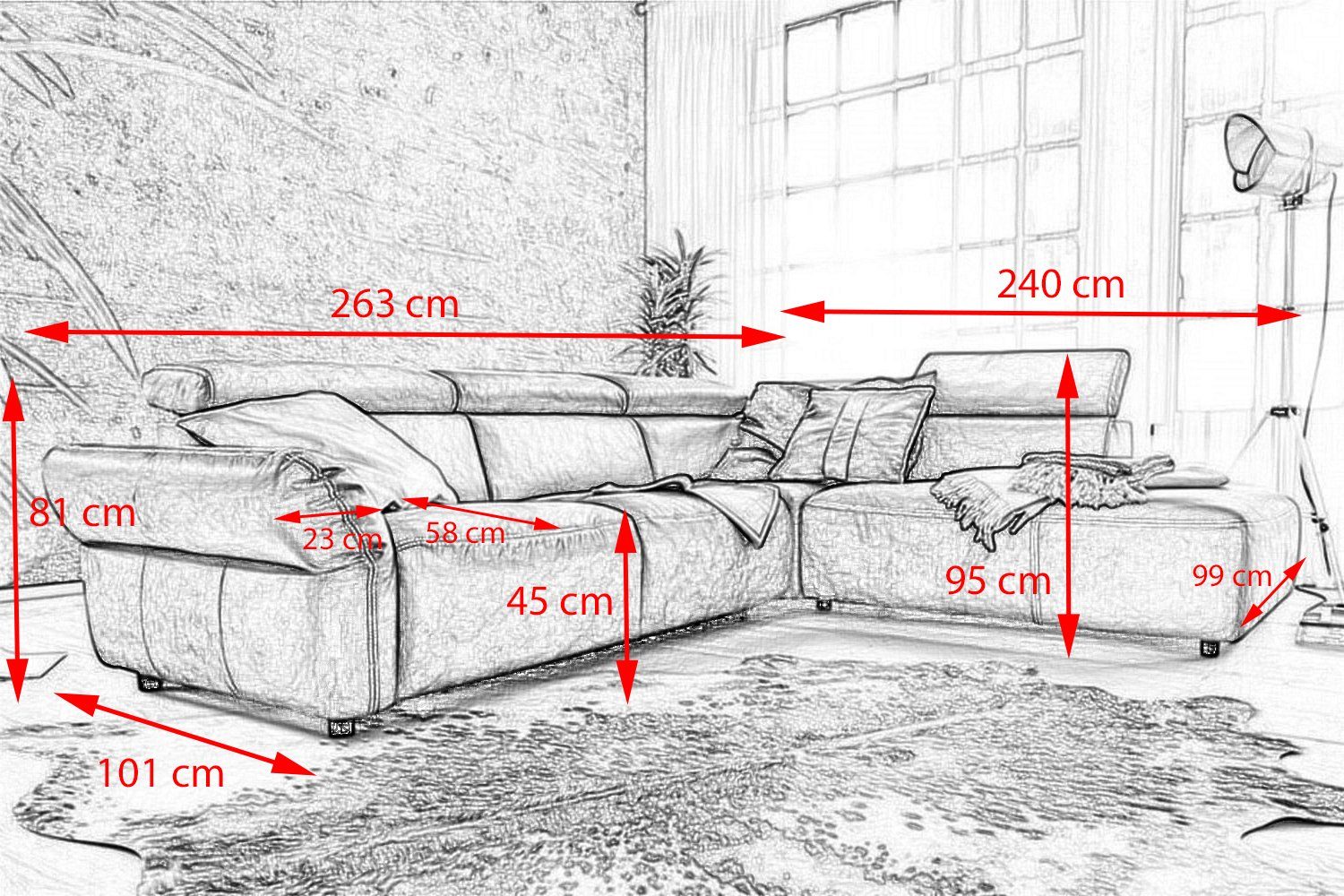 KAWOLA Ecksofa RISO, Leder Sitztiefenverstellung, Recamiere links o. rechts, versch. Farben