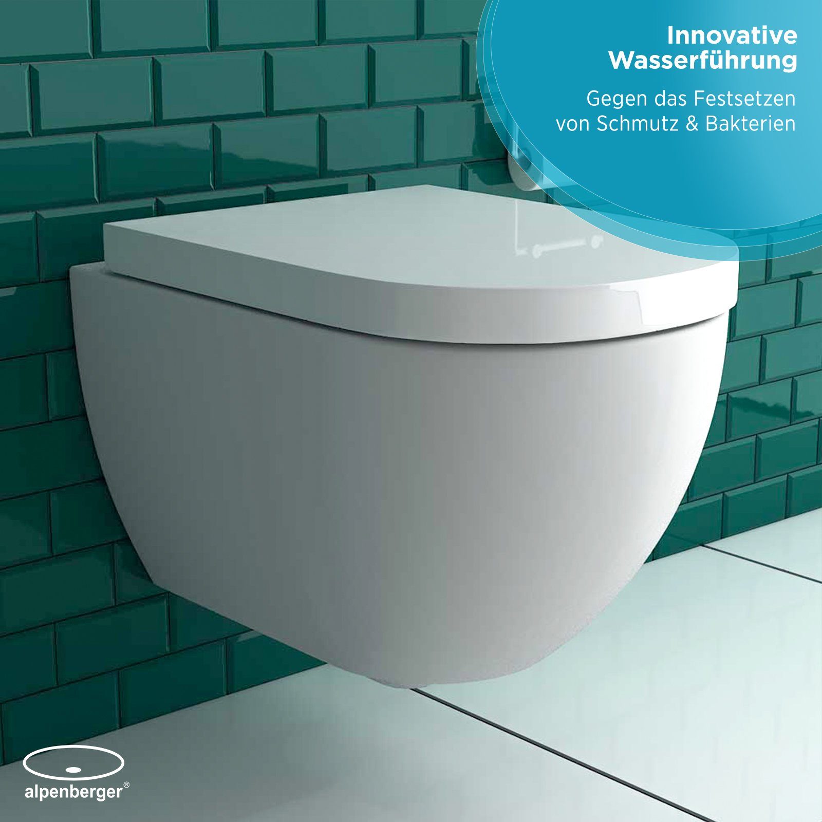 Alpenberger Tiefspül-WC - Toilette mit WC-Sitz Soft-Close - Wand WC Spülrandlos, Wandmontage, Abgang Waagerecht, 2-tlg. Komplett Set, Hänge WC Set mit Nano Beschichtung - Made in EU - Passend zu Geberit